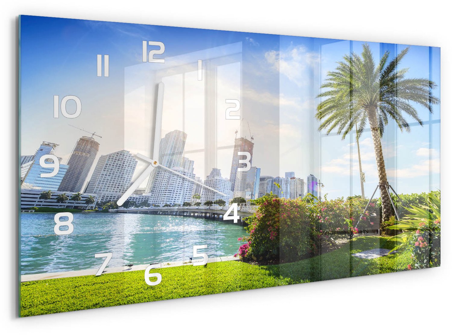 TULUP Wandklok - Miami, Verenigde Staten Klok Glas Met Opdruk - 60x30 cm - Veelkleurig Moderne Wandklok Glas - Witte handen - Rechthoekige Klok - Decoratieve Glazen Klok - Glazen Wandklok Design