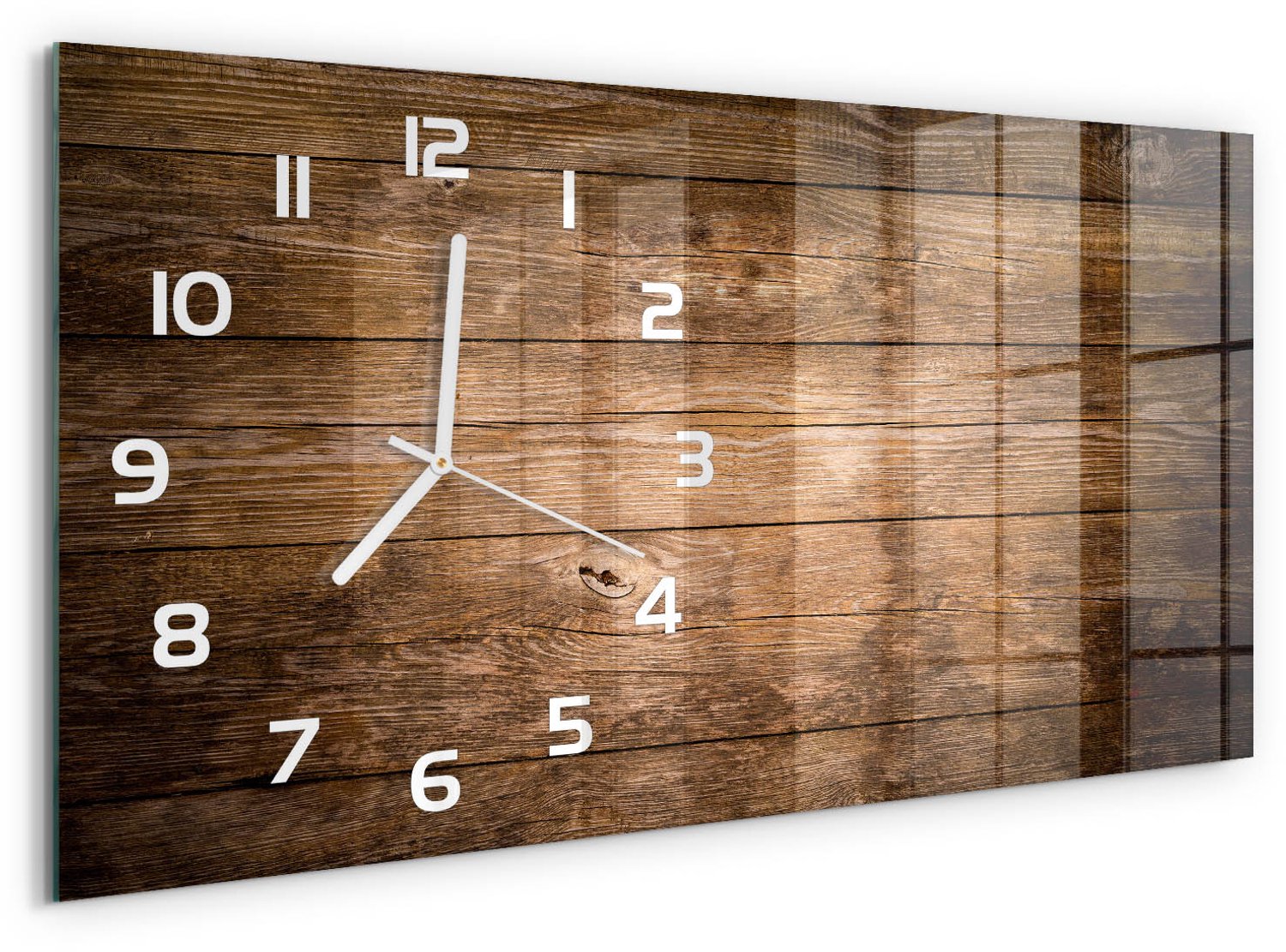 TULUP Wandklok - Houten achtergrond Wandklok Glas Decoratie - 60x30 cm - Bruin Gekleurde Glazen Klok - Witte handen - Rechthoekige Klok - Klok Glas Met Opdruk - Moderne Wandklok Glas