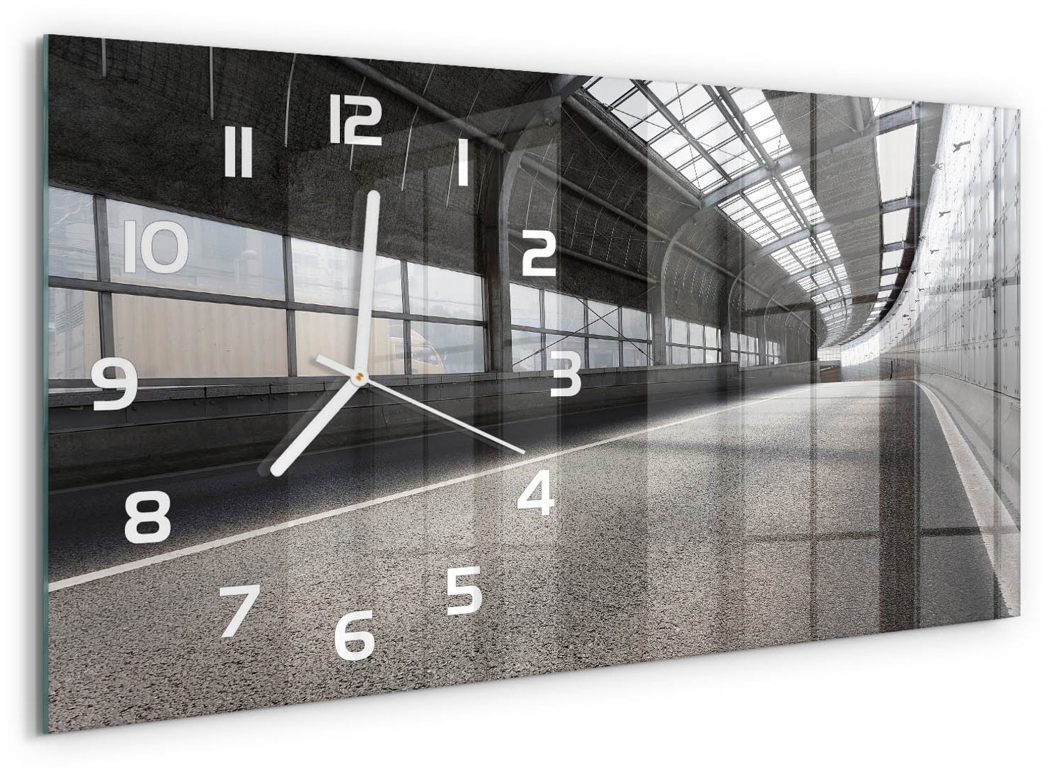 TULUP Wandklok - Straat in de tunnel Klok Glas Met Opdruk - 60x30 cm - Grijs Moderne Wandklok Glas - Witte handen - Rechthoekige Klok - Decoratieve Glazen Klok - Glazen Wandklok Design