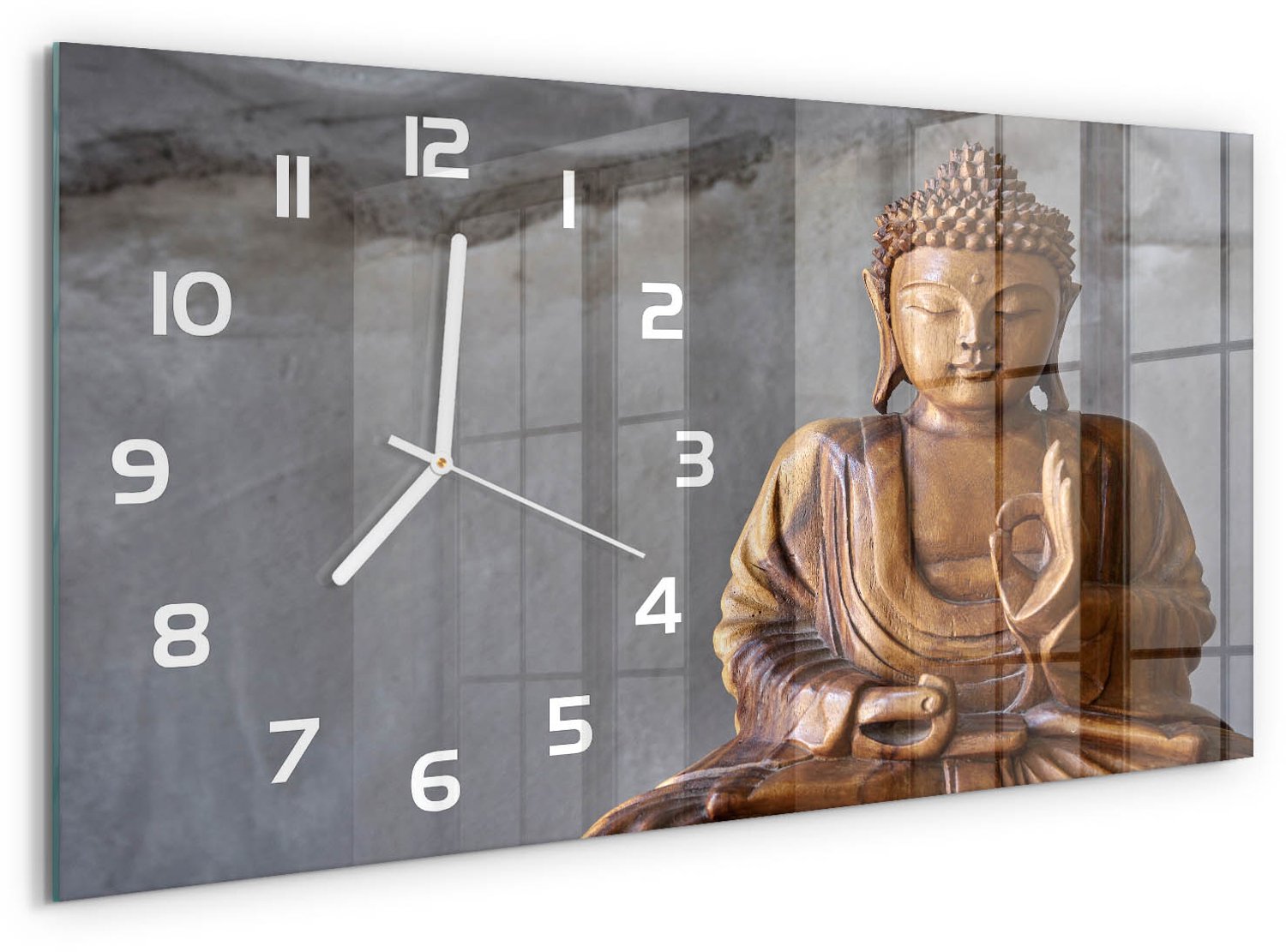 TULUP Wandklok - Houten Boeddha Glazen Klok Met Print - 60x30 cm - Bruin Wandklok Glas Met Motief - Witte handen - Rechthoekige Klok - Wandklok Glas Decoratie - Gekleurde Glazen Klok