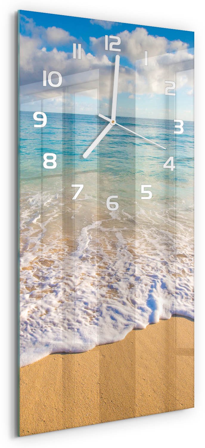 Tulup Wandklok - Hawaiiaans strand Gekleurde Glazen Klok - 30x60 cm - Blauw Glazen Klok Met Print - Witte handen - Rechthoekige Klok - Moderne Wandklok Glas - Wandklok Glas Decoratie