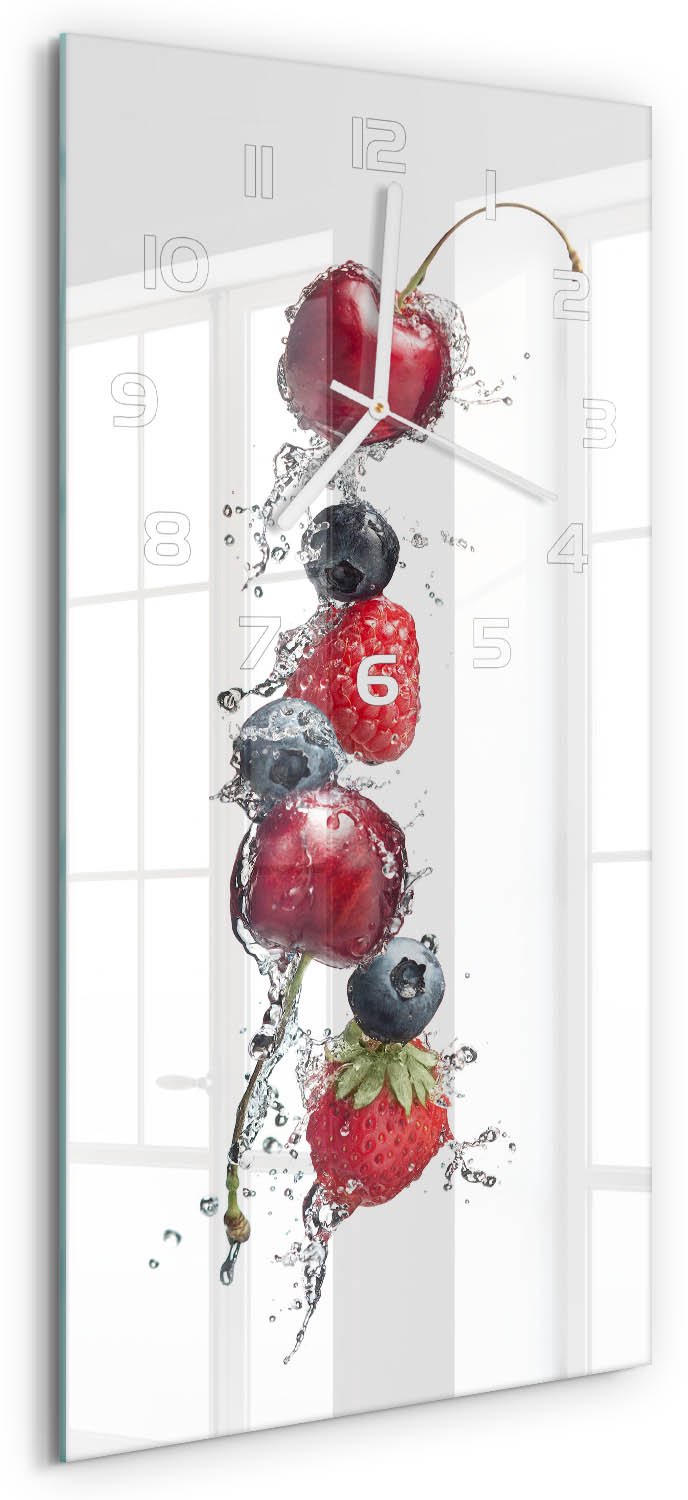 Tulup Wandklok - Bosvruchten Wandklok Glas Met Motief - 30x60 cm - Rood Decoratieve Glazen Klok - Witte handen - Rechthoekige Klok - Gekleurde Glazen Klok - Glazen Klok Met Print