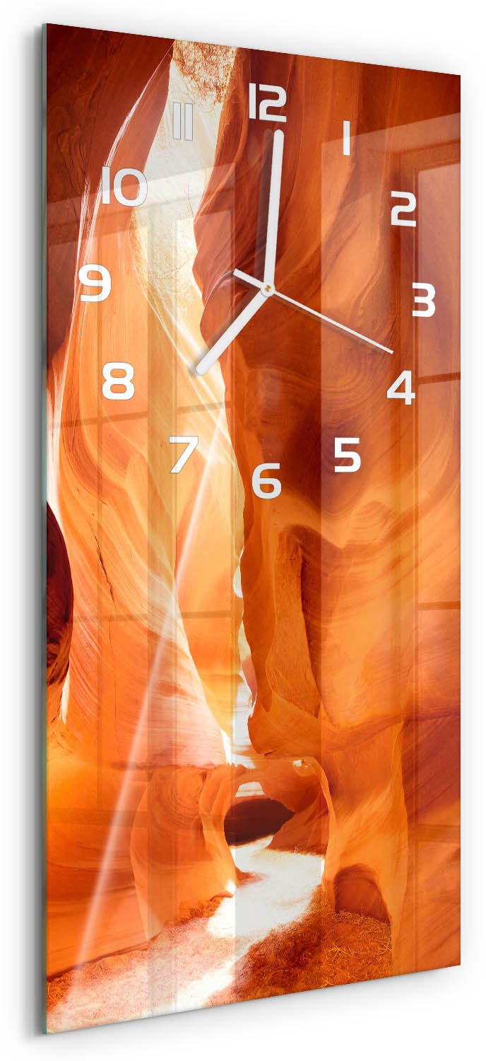Tulup Wandklok - Canyon Wandklok Glas Decoratie - 30x60 cm - Oranje Gekleurde Glazen Klok - Witte handen - Rechthoekige Klok - Klok Glas Met Opdruk - Moderne Wandklok Glas