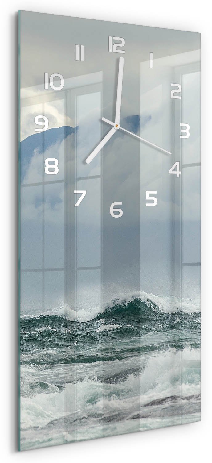 Tulup Wandklok - Ruwe zee Gekleurde Glazen Klok - 30x60 cm - Bruin Glazen Klok Met Print - Witte handen - Rechthoekige Klok - Moderne Wandklok Glas - Wandklok Glas Decoratie