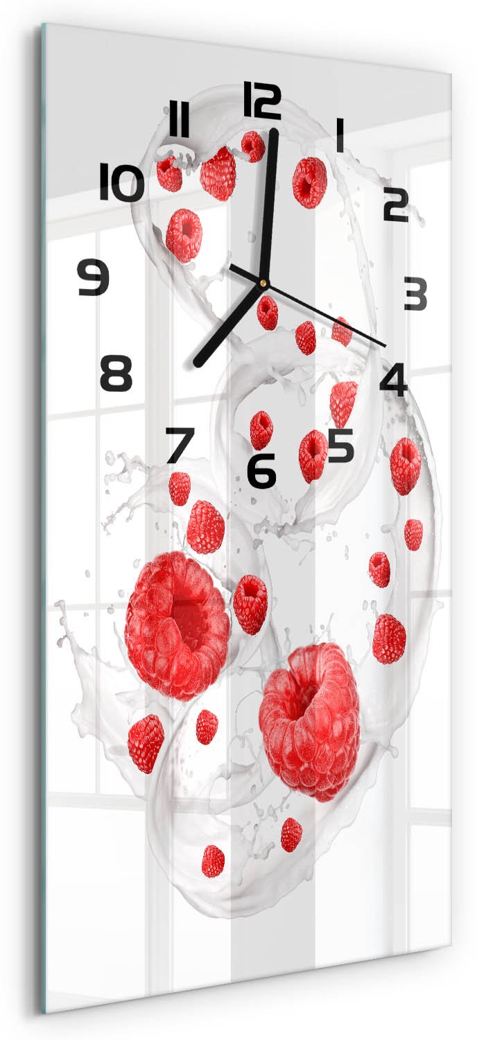 Tulup Wandklok - Frambozen met melk Wandklok Glas Met Motief - 30x60 cm - Rood Decoratieve Glazen Klok - Zwarte handen - Rechthoekige Klok - Gekleurde Glazen Klok - Glazen Klok Met Print