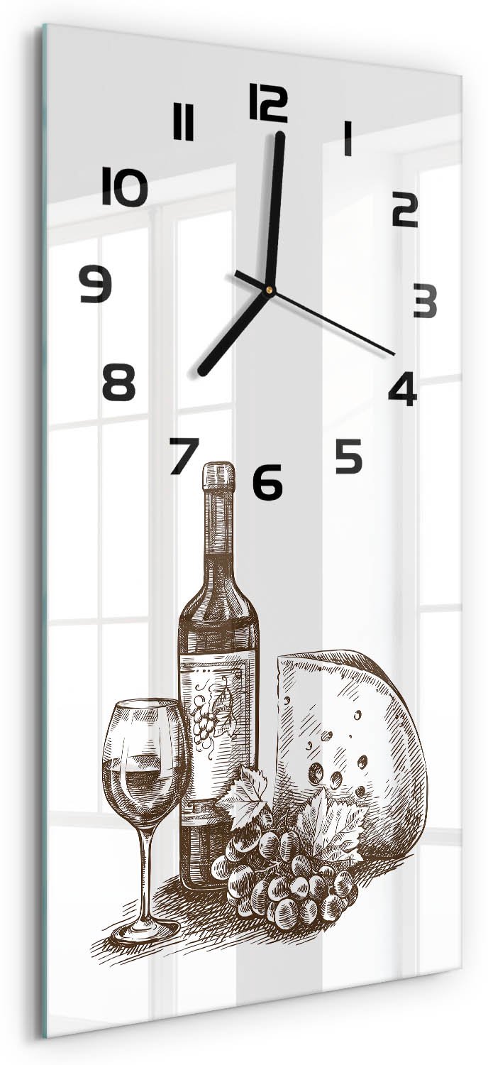 Tulup Wandklok - Wijn en hapjes Moderne Wandklok Glas - 30x60 cm - Zwart-wit Wandklok Glas Decoratie - Zwarte handen - Rechthoekige Klok - Glazen Wandklok Design - Klok Glas Met Opdruk