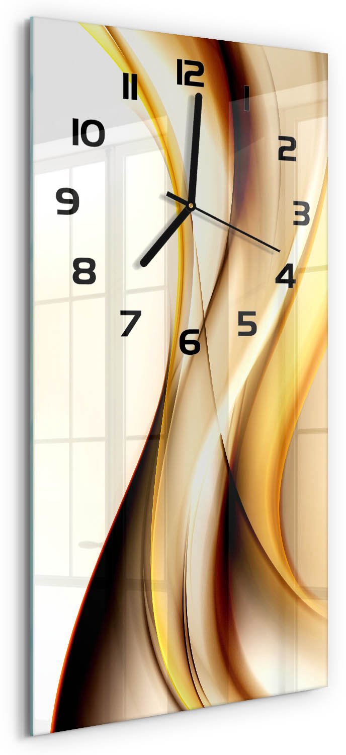 Tulup Wandklok - Abstracte golven Glazen Wandklok Design - 30x60 cm - Geel Klok Glas Met Opdruk - Zwarte handen - Rechthoekige Klok - Wandklok Glas Met Motief - Decoratieve Glazen Klok