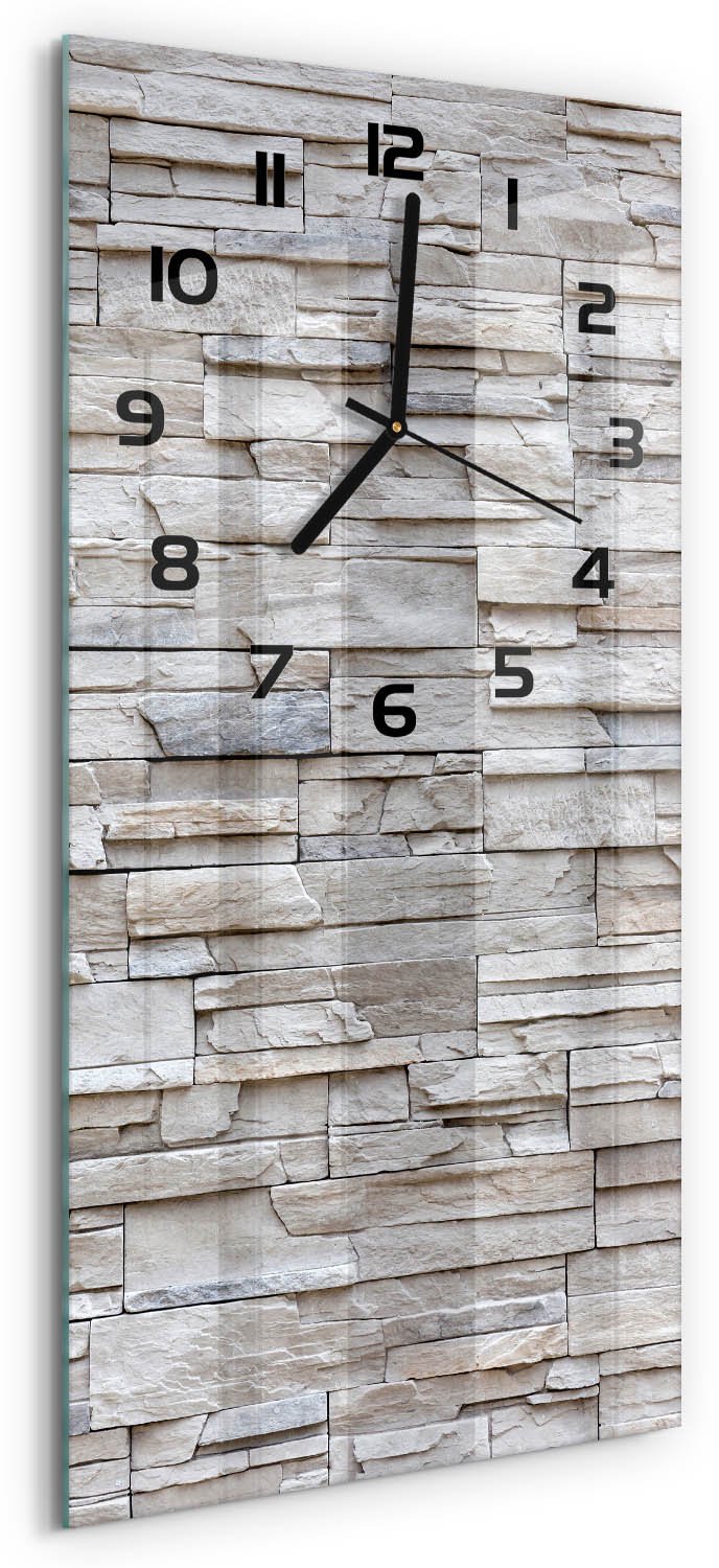 Tulup Wandklok - Stenen muur Gekleurde Glazen Klok - 30x60 cm - Beige Glazen Klok Met Print - Zwarte handen - Rechthoekige Klok - Moderne Wandklok Glas - Wandklok Glas Decoratie
