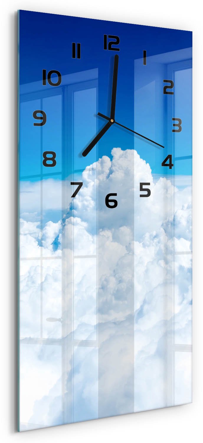 Tulup Wandklok - Vliegen boven de wolken Glazen Wandklok Design - 30x60 cm - Blauw Klok Glas Met Opdruk - Zwarte handen - Rechthoekige Klok - Wandklok Glas Met Motief - Decoratieve Glazen Klok