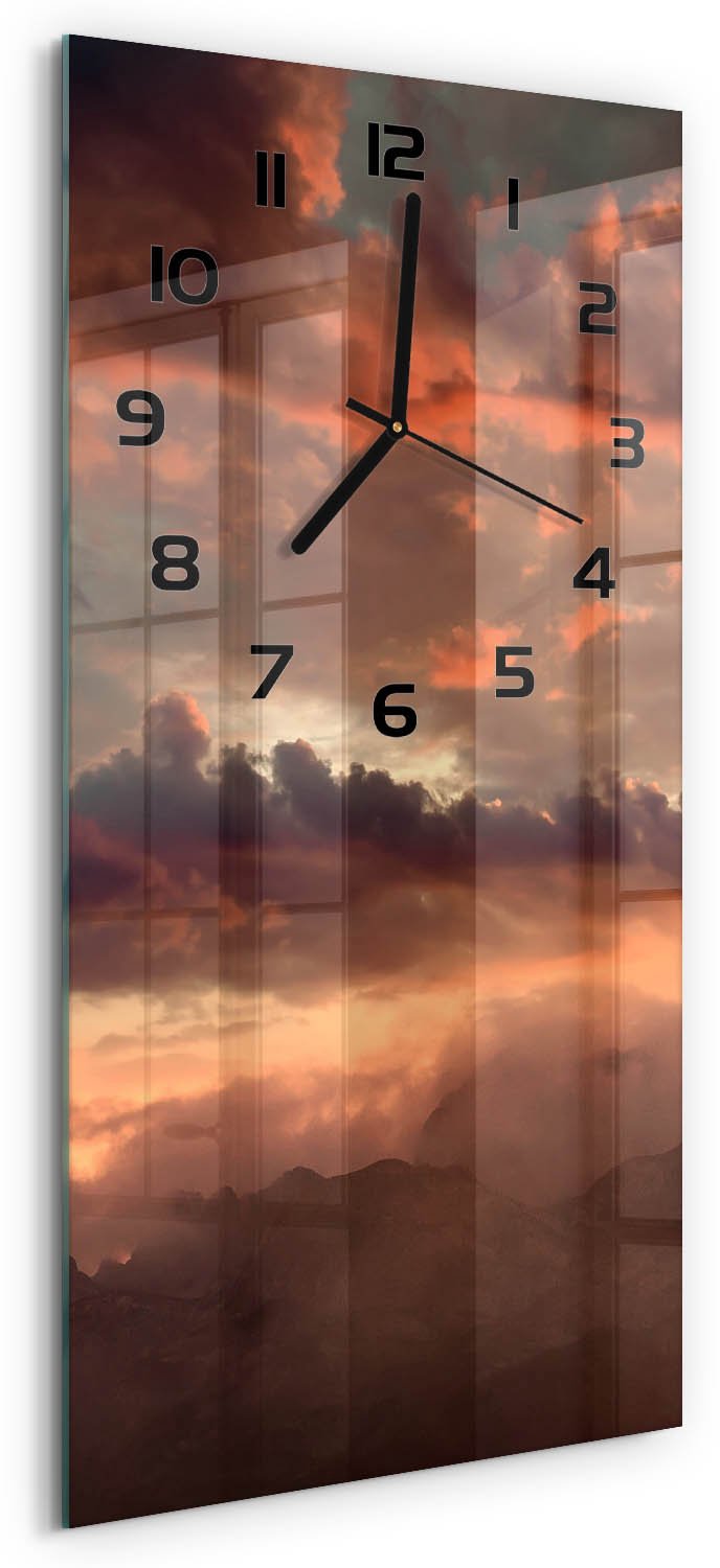 Tulup Wandklok - Bergen bij zonsondergang Gekleurde Glazen Klok - 30x60 cm - Oranje Glazen Klok Met Print - Zwarte handen - Rechthoekige Klok - Moderne Wandklok Glas - Wandklok Glas Decoratie