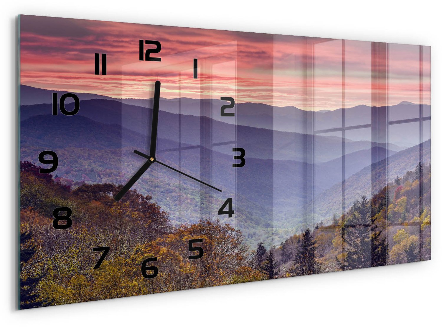TULUP Wandklok - Bergen bij zonsondergang Glazen Klok Met Print - 60x30 cm - Oranje Wandklok Glas Met Motief - Zwarte handen - Rechthoekige Klok - Wandklok Glas Decoratie - Gekleurde Glazen Klok
