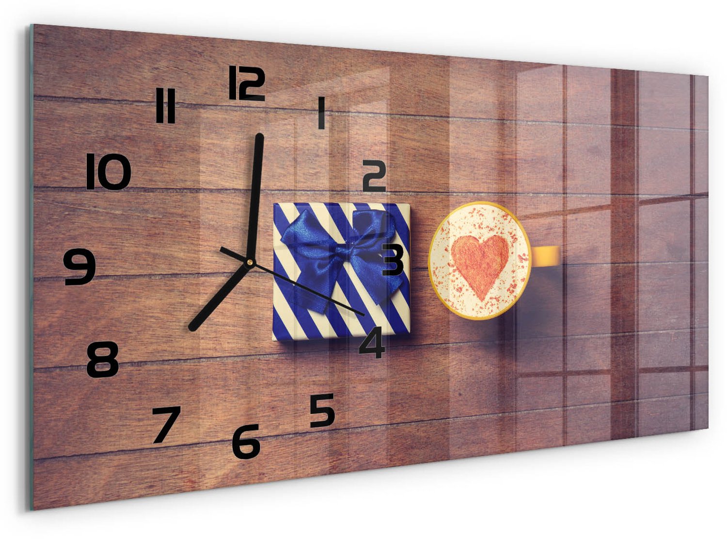 TULUP Wandklok - Koffie en cadeau Moderne Wandklok Glas - 60x30 cm - Blauw Wandklok Glas Decoratie - Zwarte handen - Rechthoekige Klok - Glazen Wandklok Design - Klok Glas Met Opdruk
