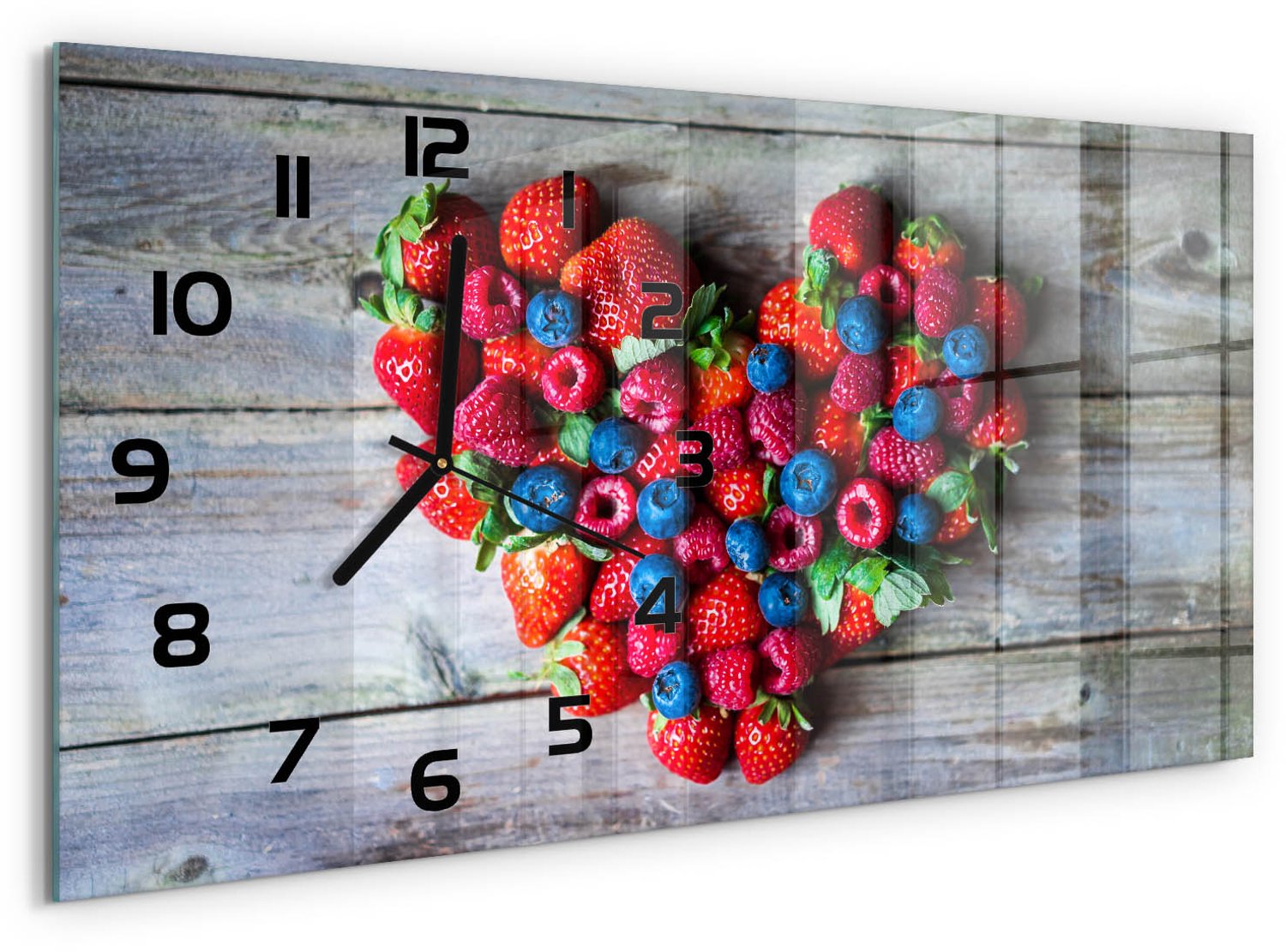 TULUP Wandklok - Hart van Fruit Wandklok Glas Decoratie - 60x30 cm - Rood Gekleurde Glazen Klok - Zwarte handen - Rechthoekige Klok - Klok Glas Met Opdruk - Moderne Wandklok Glas