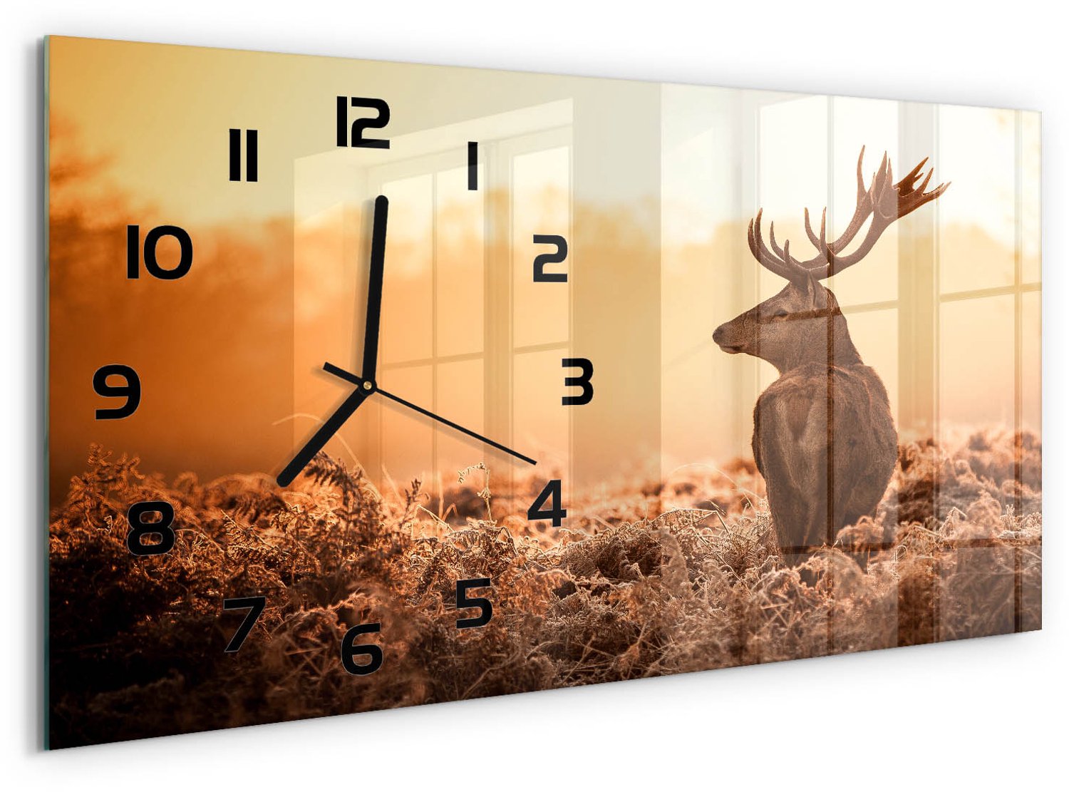 TULUP Wandklok - Zonsopgang boven de herten Gekleurde Glazen Klok - 60x30 cm - Bruin Glazen Klok Met Print - Zwarte handen - Rechthoekige Klok - Moderne Wandklok Glas - Wandklok Glas Decoratie