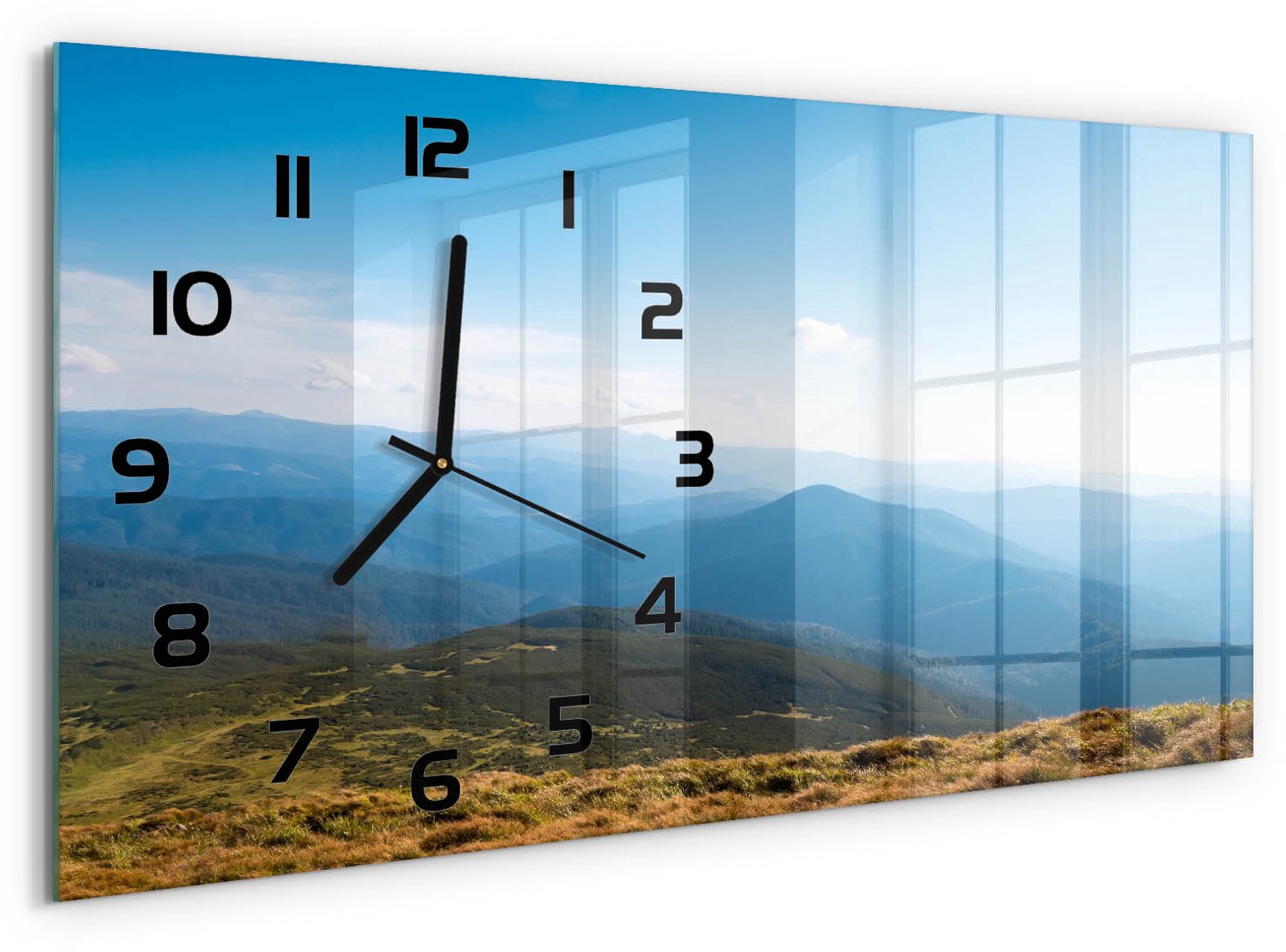 TULUP Wandklok - Nationaal park Tatra Klok Glas Met Opdruk - 60x30 cm - Blauw Moderne Wandklok Glas - Zwarte handen - Rechthoekige Klok - Decoratieve Glazen Klok - Glazen Wandklok Design
