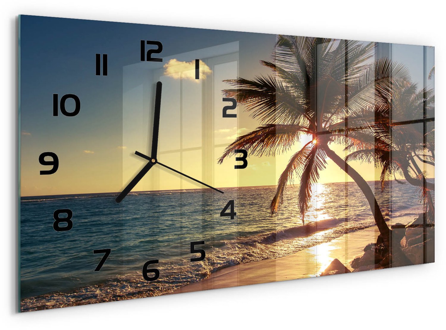 TULUP Wandklok - Tropisch strand Decoratieve Glazen Klok - 60x30 cm - Geel Glazen Wandklok Design - Zwarte handen - Rechthoekige Klok - Glazen Klok Met Print - Wandklok Glas Met Motief
