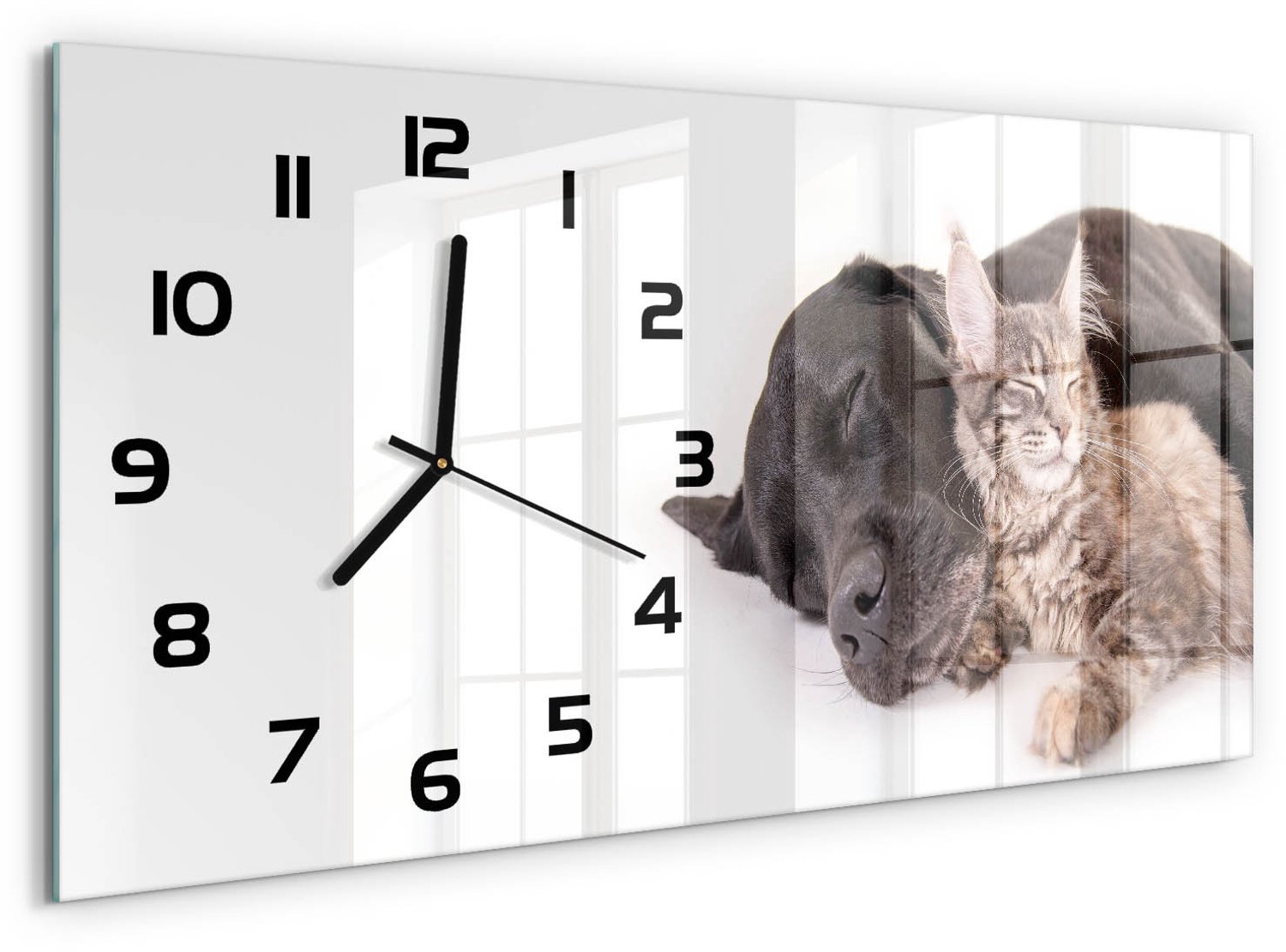 TULUP Wandklok - Hond en kat Moderne Wandklok Glas - 60x30 cm - Bruin Wandklok Glas Decoratie - Zwarte handen - Rechthoekige Klok - Glazen Wandklok Design - Klok Glas Met Opdruk