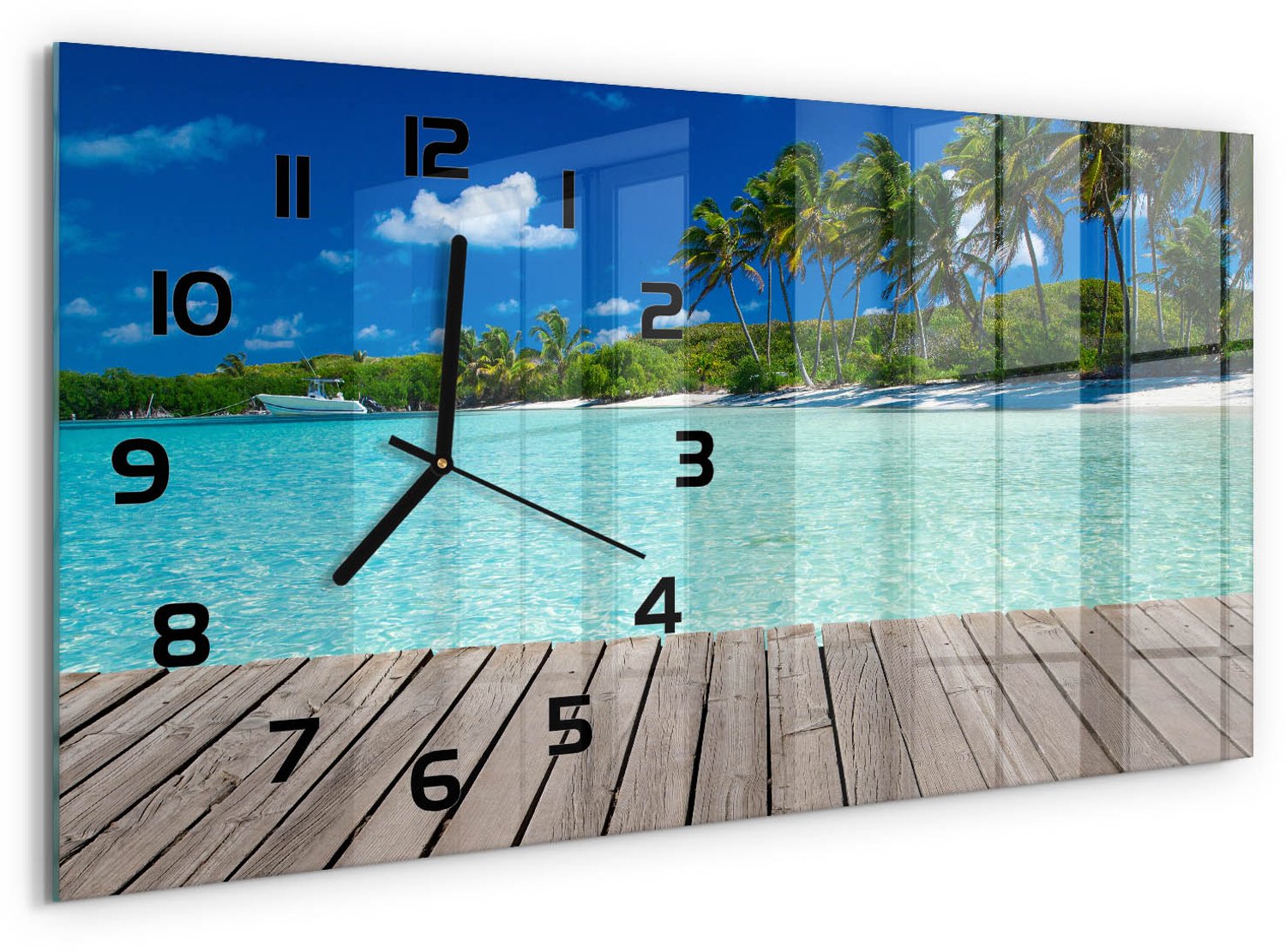 TULUP Wandklok - Tropisch strand Glazen Klok Met Print - 60x30 cm - Groente Wandklok Glas Met Motief - Zwarte handen - Rechthoekige Klok - Wandklok Glas Decoratie - Gekleurde Glazen Klok