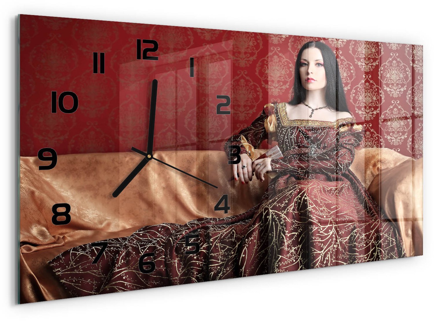 TULUP Wandklok - Middeleeuwen Decoratieve Glazen Klok - 60x30 cm - Gouden Glazen Wandklok Design - Zwarte handen - Rechthoekige Klok - Glazen Klok Met Print - Wandklok Glas Met Motief