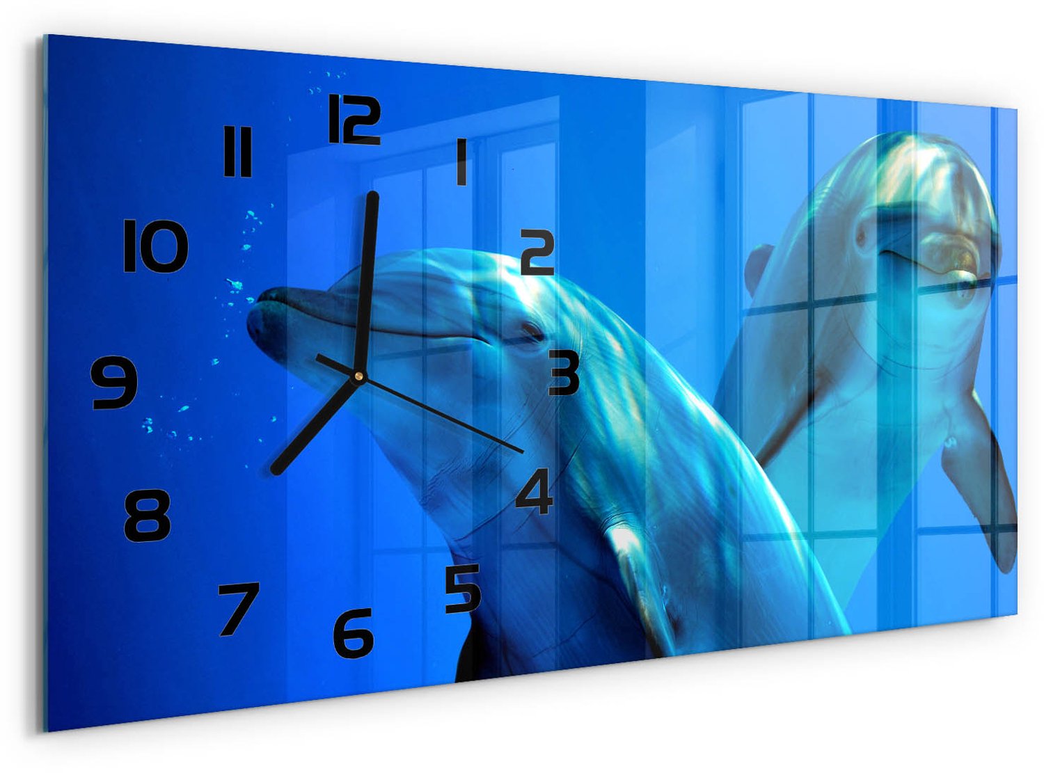 TULUP Wandklok - Twee dolfijnen Wandklok Glas Decoratie - 60x30 cm - Blauw Gekleurde Glazen Klok - Zwarte handen - Rechthoekige Klok - Klok Glas Met Opdruk - Moderne Wandklok Glas