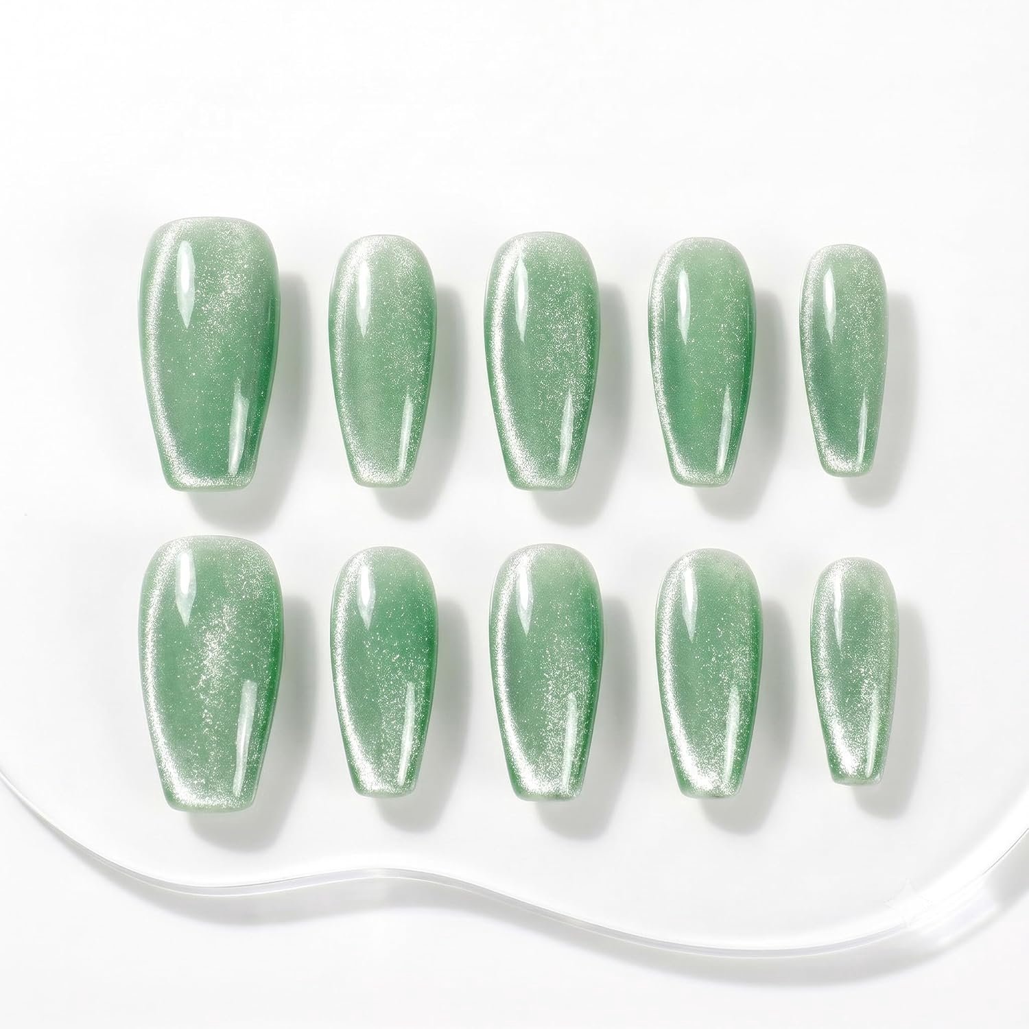 Press-On Medium Long Coffin Ballerina with Mint Cat Eye Design Charm Cute False Nail Tips 10 Pcs (#88 S)