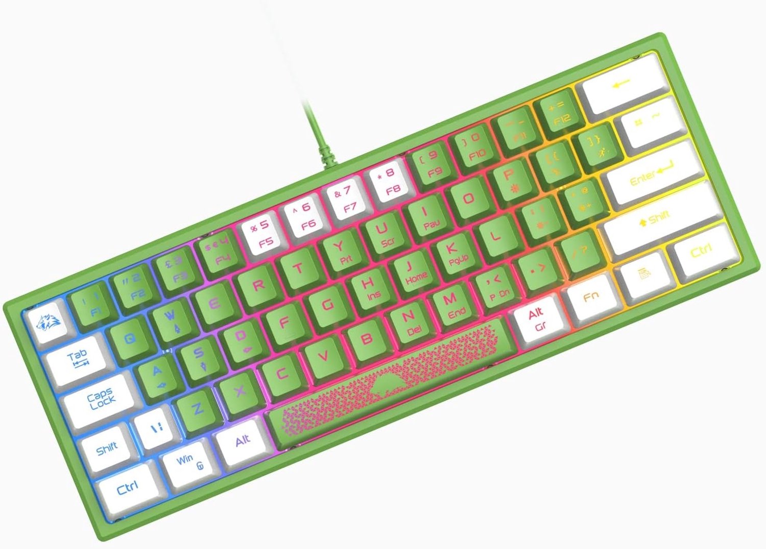 Mini Gaming Toetsenbord - Groen & Wit - 62 Toetsen - Bedraad Membraan met RGB Verlichting - Voor PC, Laptop en Mac