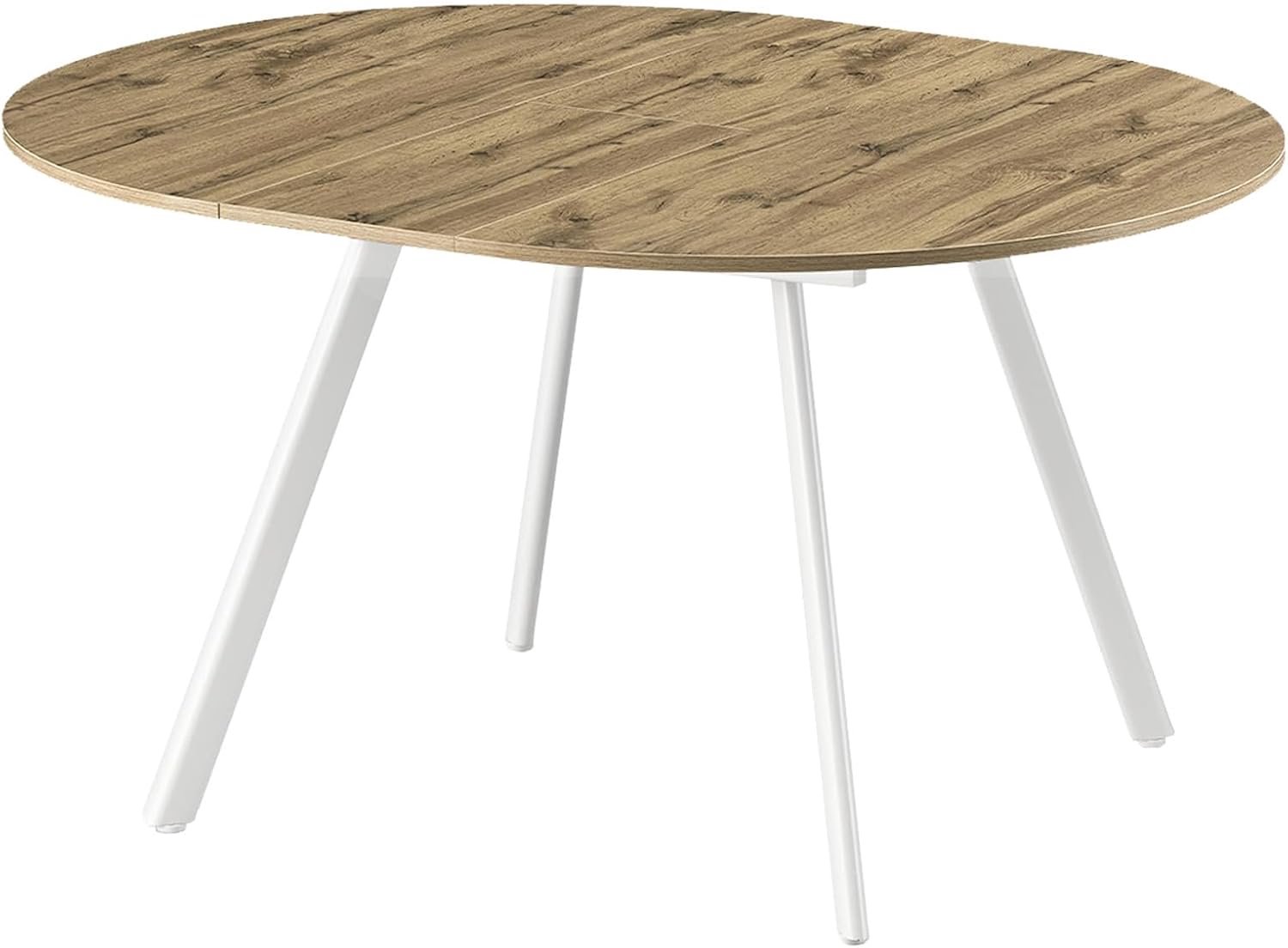 Eettafel LIV, uittrekbaar vlinder, opklapbaar inzetstuk 120-150 cm voor 4-6 personen, keukentafel houten tafel, eetkamertafel, metalen frame wit, Eiken look, 11210-FW-EIDA