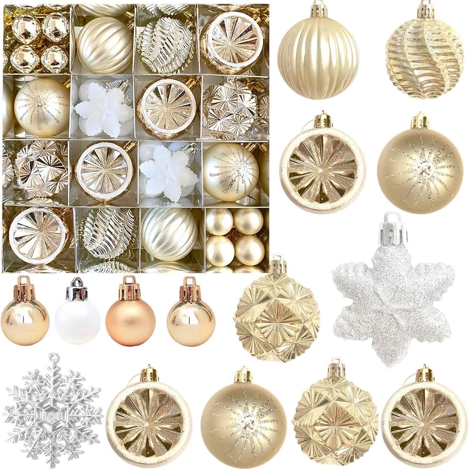 Kerstballen, kunststof, onbreekbaar, 3/6 cm, champagne sneeuw