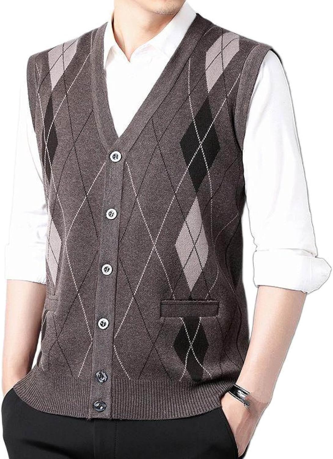 Argyle Gebreid Vest Met V-Hals, Klassiek Mouwloos Casual Jacquard Herenvest Met Pullover Dieptepunt, Zakelijk Heren Breigoed Gebreid Vest Trui Tanktops,Camel,S