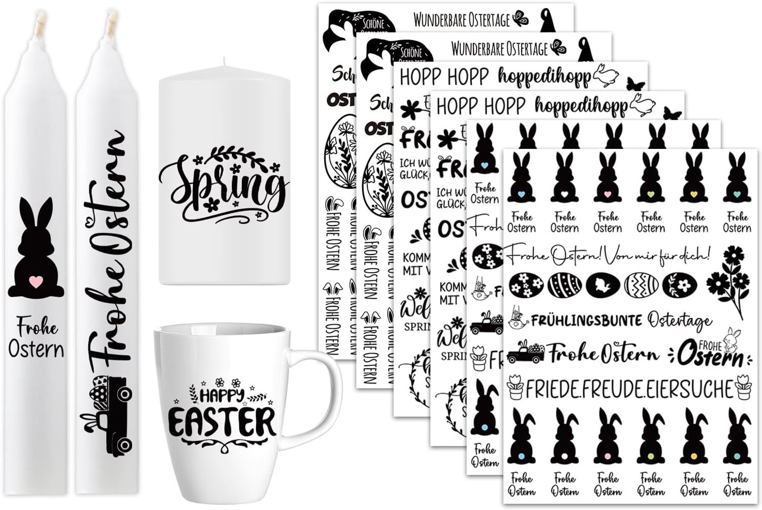 6 stuks kaarsen voor Pasen, waterschuiffolie, kaarsen, tattoo, Pasen, lente, kaarsenstickers, paashaas, spreuken, vrolijk Pasen, decoratie