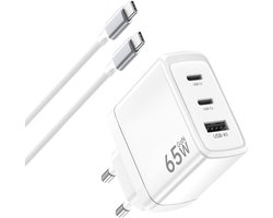 65W, snel opladen, 3 poorten, PD3.0 & QC3.0, GAN II met gevlochten USB-C-kabel, 2 m, compatibel met MacBook Pro/Air, voor Galaxy S25/S24/S23/S22 Ultra, voor Phone 17/16/15