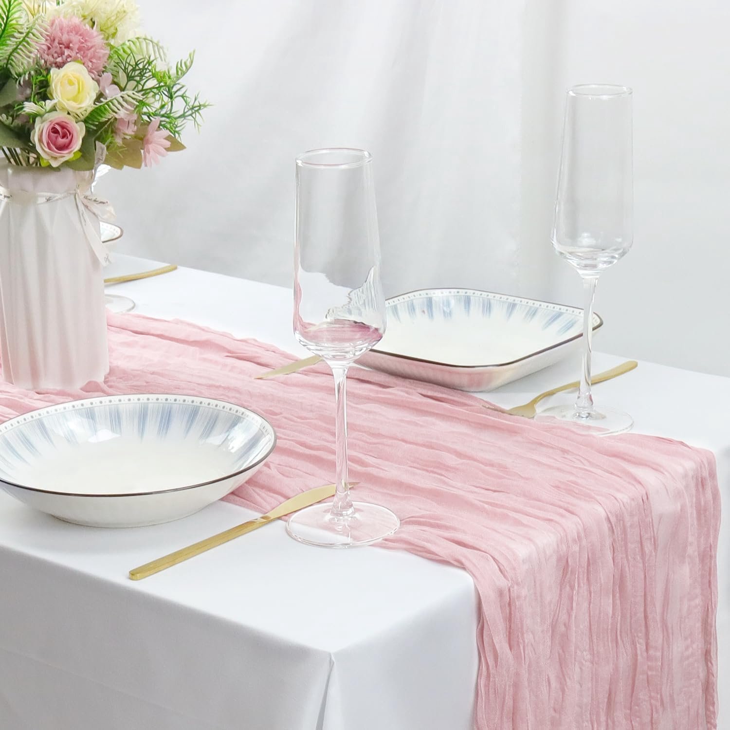Lopers, 4 stuks Boho Gazen tafellopers, 300 x 90 cm, roze kaasdoek, tafelloper, halftransparant, voor bruiloften, verjaardagen, babyfeestjes, tafeldecoratie en woondecoratie
