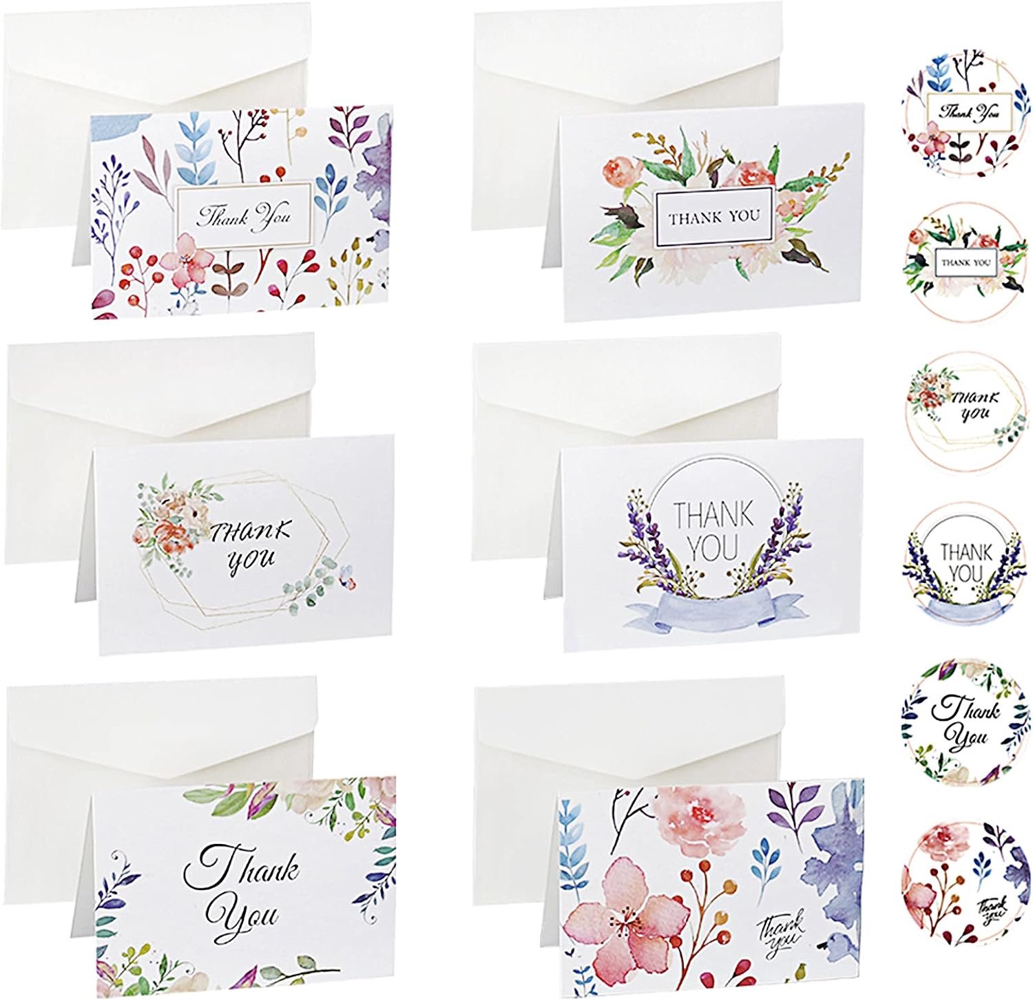 48 Stuks Bedankkaarten Dank U Wenskaart Klein Dank U Kaarten Multiverpakking met Stickers en Enveloppen voor Verjaardag Bruiloft Diploma Uitreiking Moederdag (10,5 cm X 14 cm)