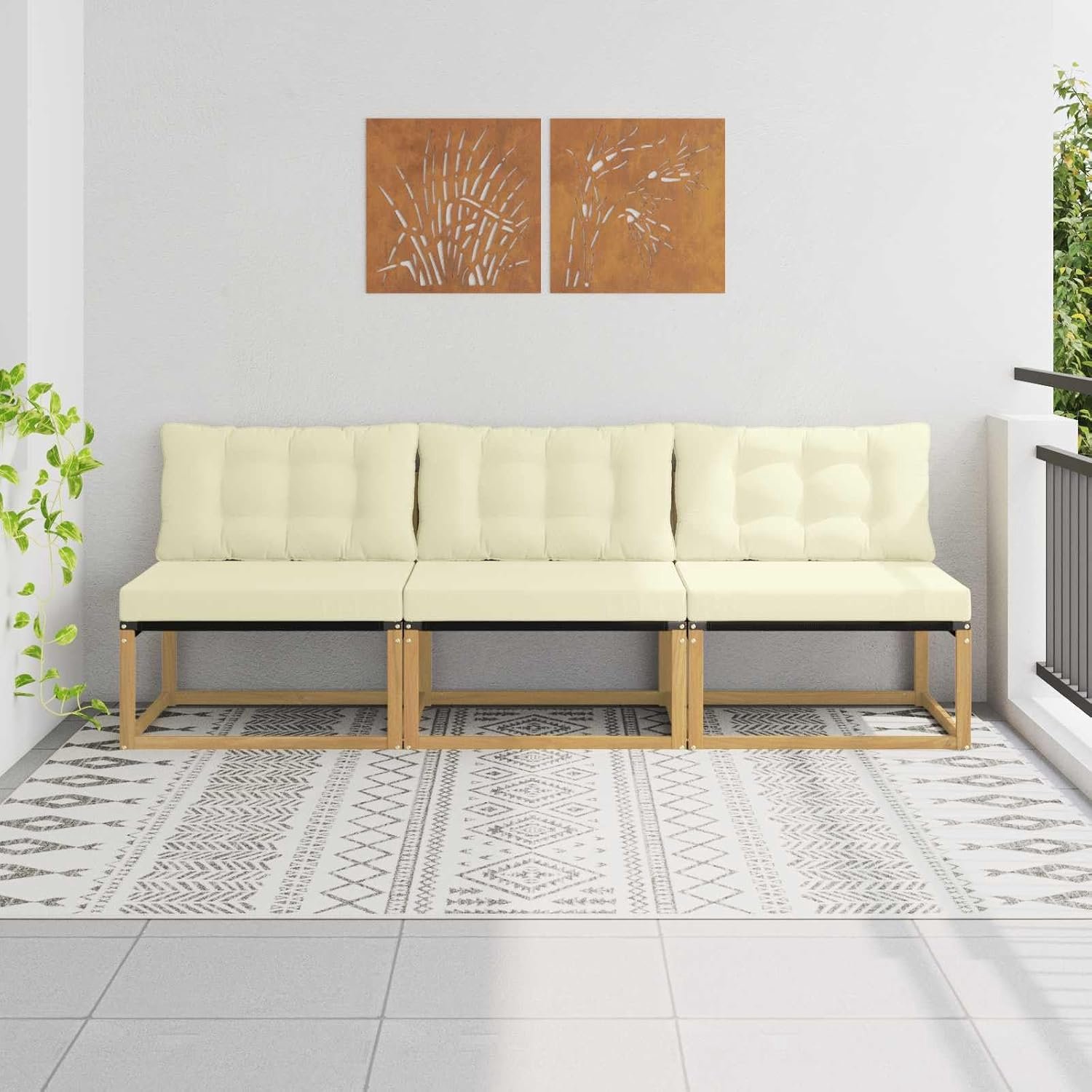 Middenbank van massief acaciahout met textileen in wit, modulair design met zachte polyester kussens voor terras, balkon of tuin