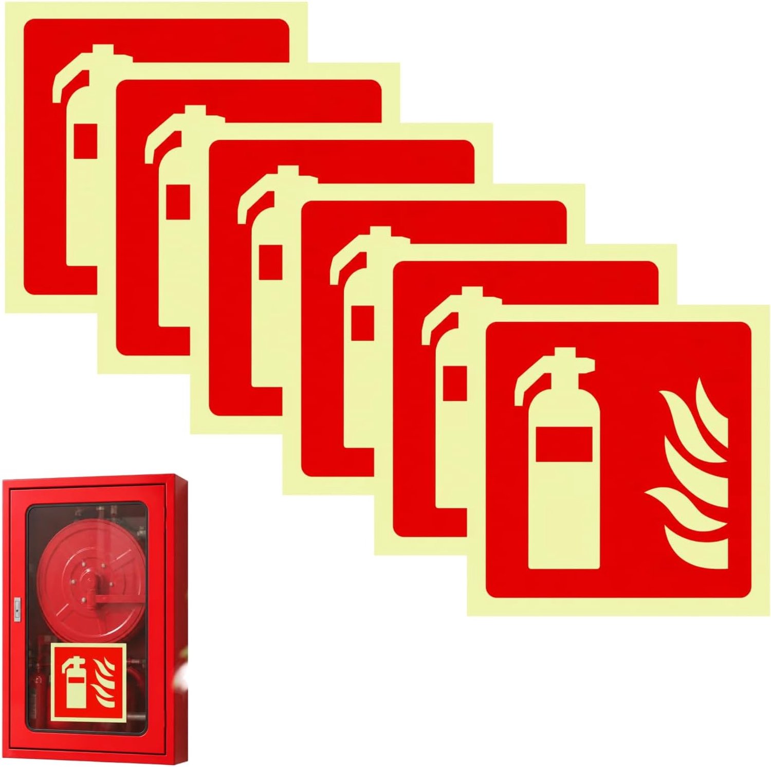 6 stuks zelfklevende brandblusser-borden, pvc, oplichtende brandblusser-stickerset, 15 x 15 cm, bord brandblusser voor huis, kantoor, bouwplaats en auto, nooduitgangsbord