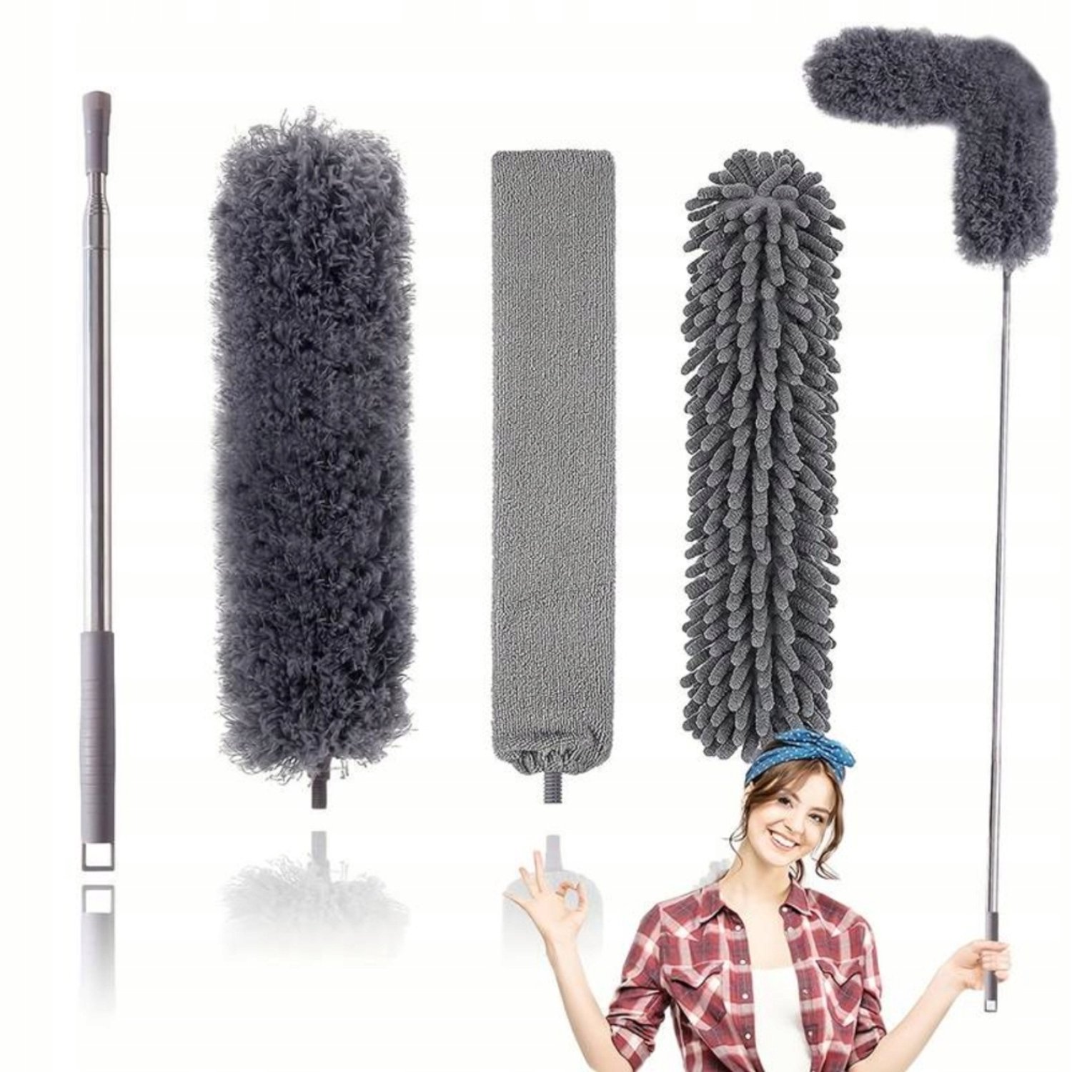 Telescoop Stoffer Set met 3 Verwisselbare Microvezel Opzetstukken