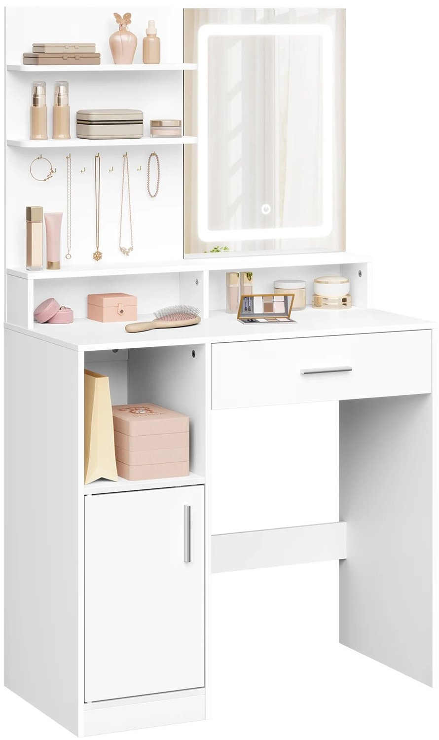 Nyoz kaptafel - Make up tafel - Kaptafel met spiegel en verlichting - 3 lichtkleuren - 3 planken - Opbergruimte - 80x40x140 cm
