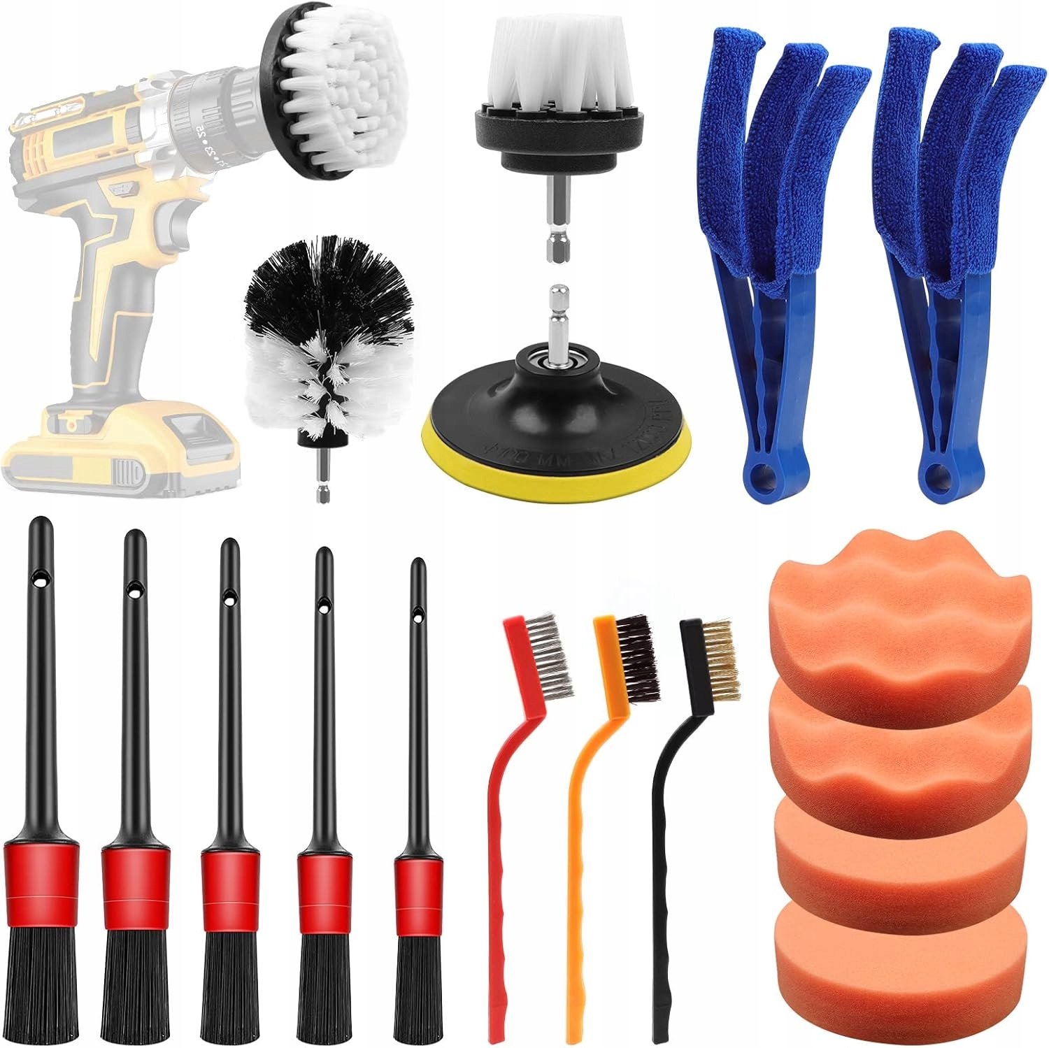 18-delige Autodetailing Set: Borstels, Sponges & Poetsaccessoires