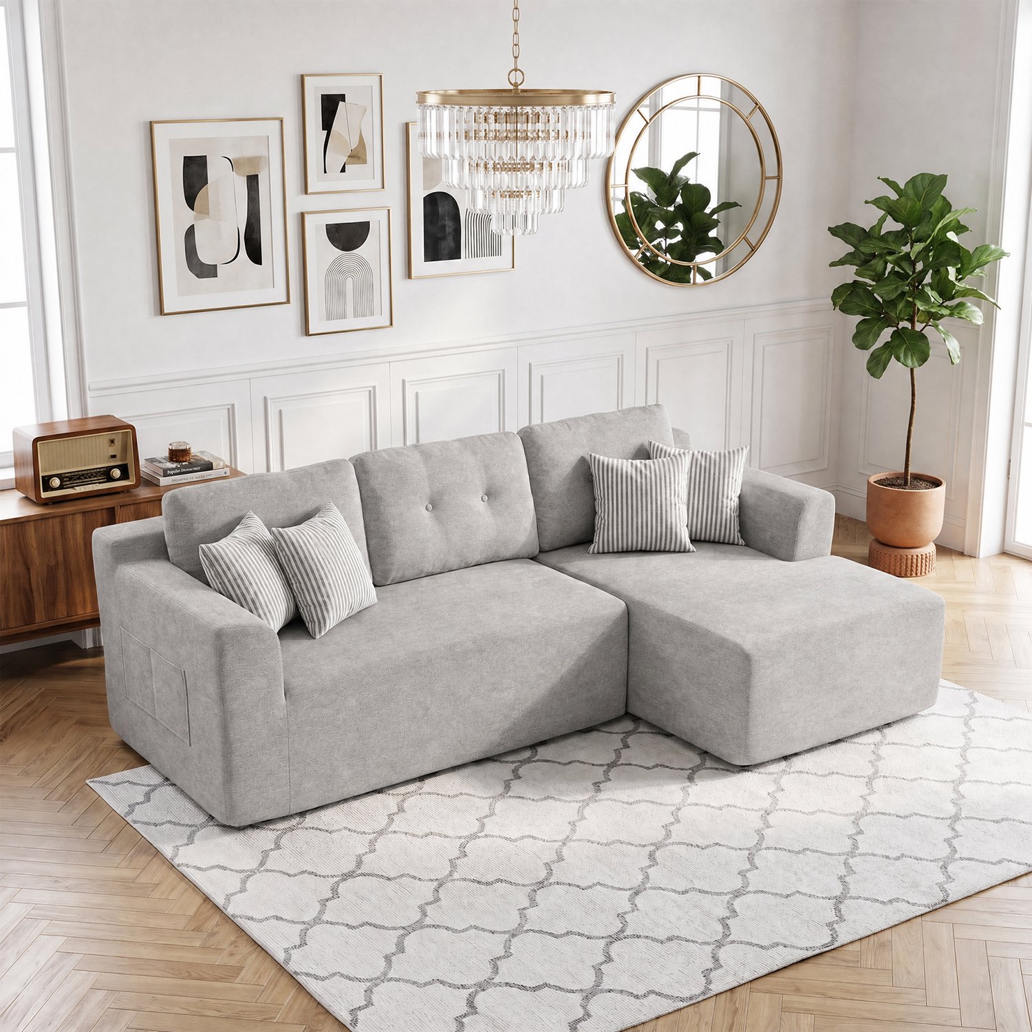Hoekbank - gecomprimeerde cloud - dubbele chaise‑longue - poef - chenille stof - polyurethaan vulling - lichtgrijs - voor woonkamer