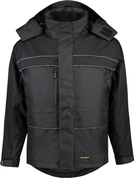 Zwarte Tricorp parka met grijze horizontale banden op borst en heupen en capuchon.