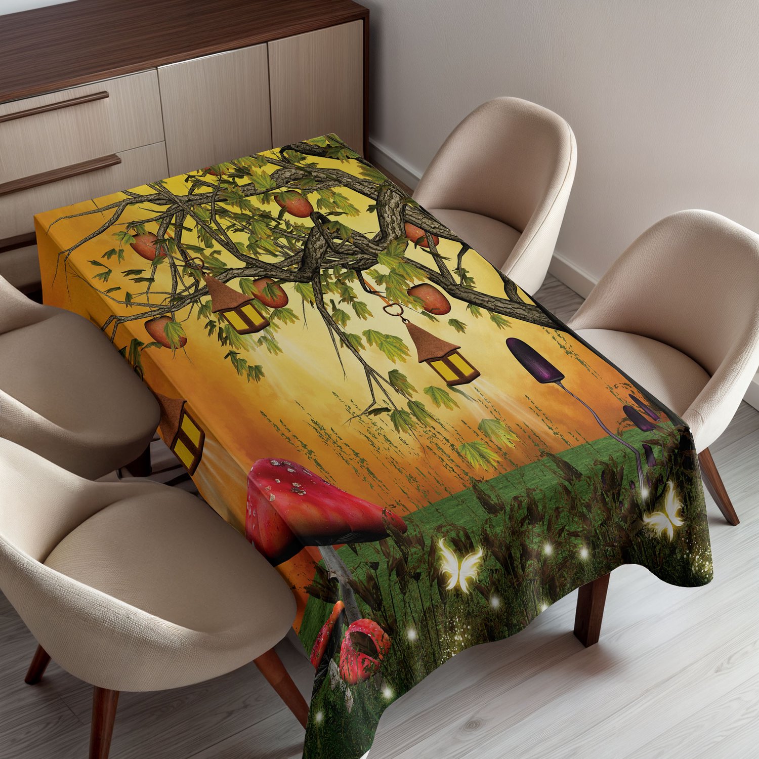 ABAKUHAUS Fantasie Tafelkleed, Wonderland Bos met Feeën Vlinders Elfen en Appelboom Universum, Rechthoekig Tafelkleed voor Eetkamer Keukendecoratie, 150 x 200 cm, Oranje