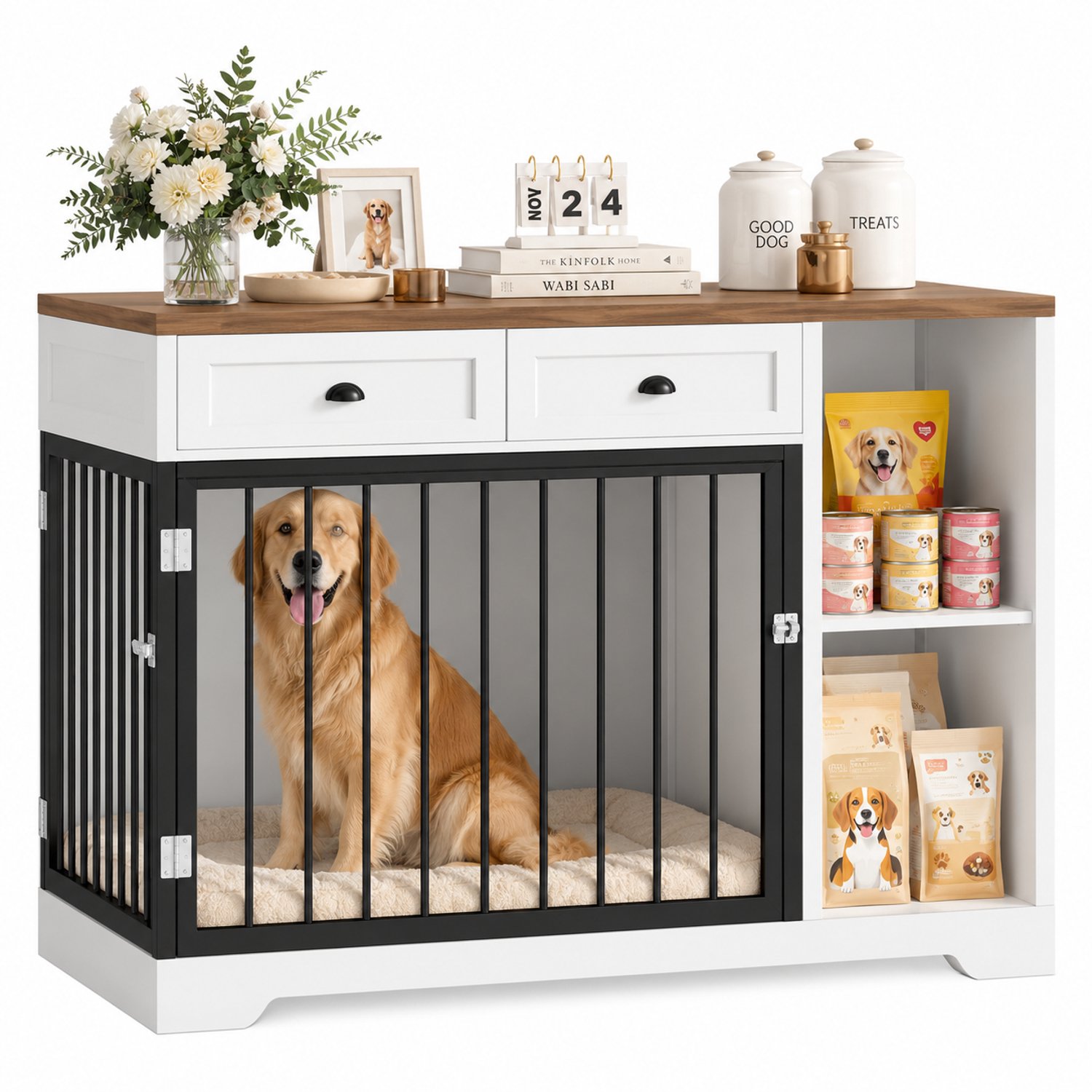 VILIMA - Hondenbench - Hondenbench 120x87x60cm - 2 lades - Zowel hondenbench als dressoir - Voldoende opbergruimte - Wit - Bruin -
