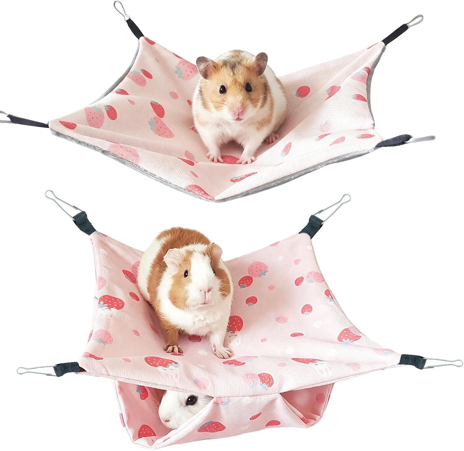 Dubbellaags hangende bedden voor kleine dieren, hangmat voor kleine dieren met metalen haken voor fretten, hamsters en andere kleine dieren, 2 stuks, roze