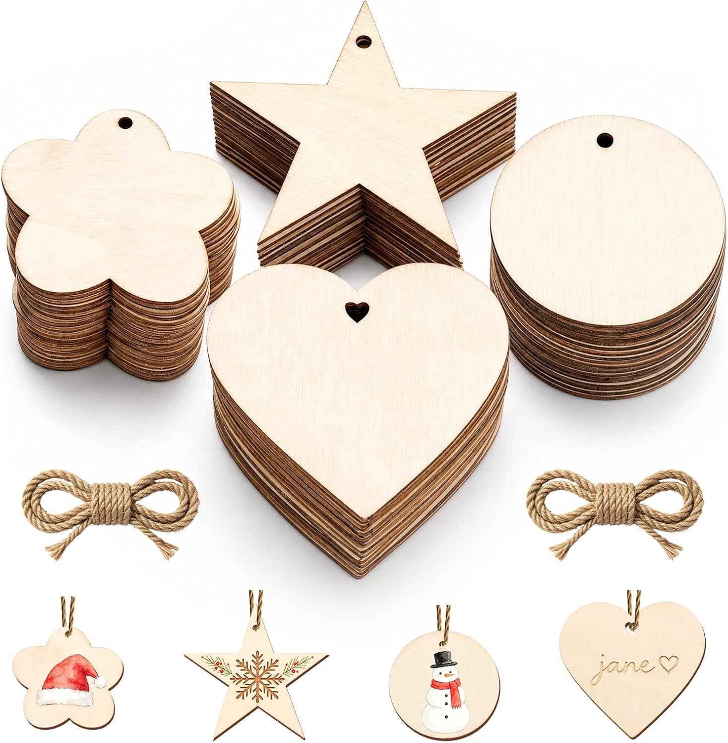 80 stuks houten hartjes, decoratie, houten harten met gat en jute