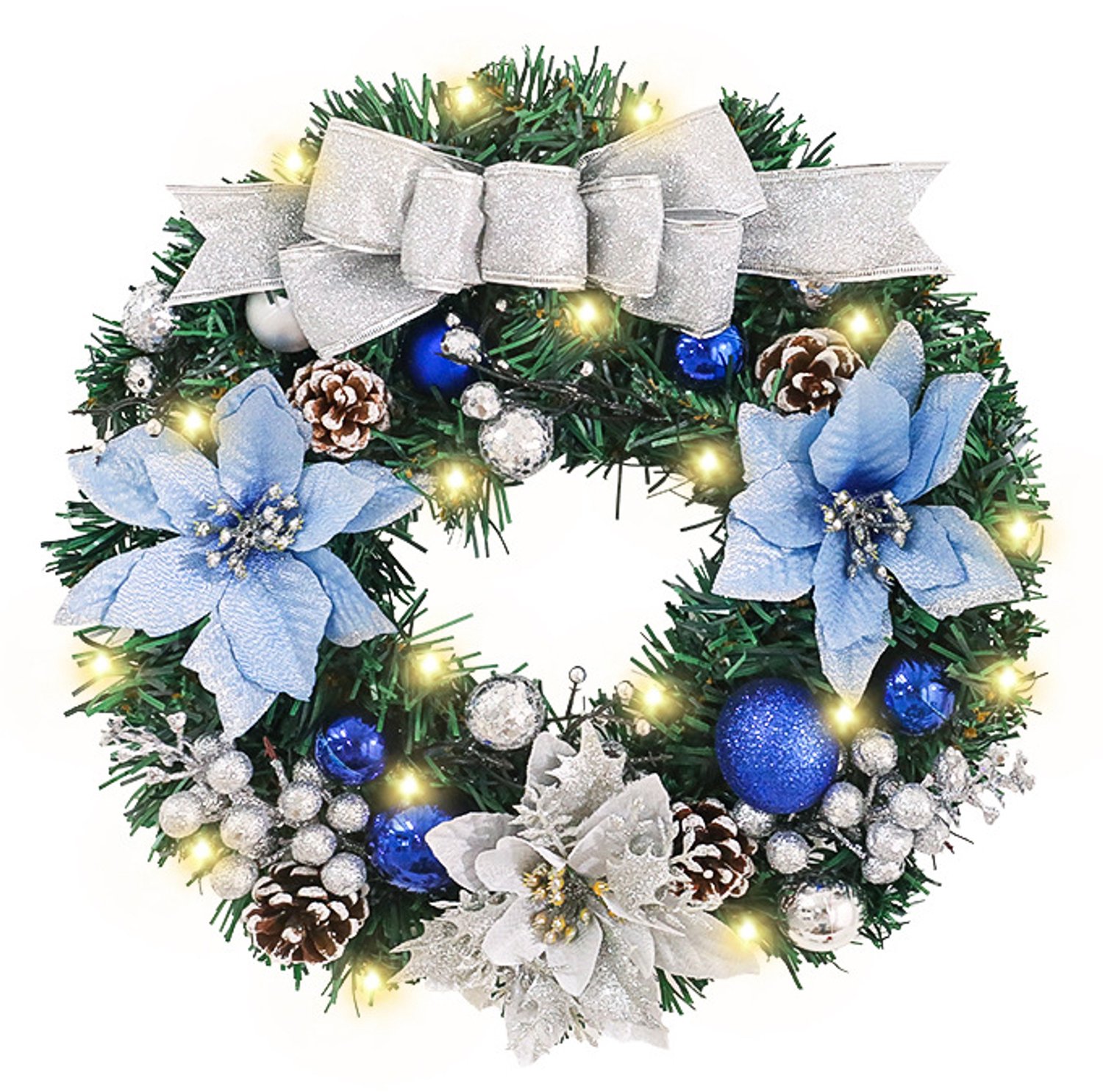 Luxe Kerstkrans voor Voordeur (30 cm) - Blauwe Poinsettia & LED Verlichting - Met Kerstballen & Dennenappels - Sfeervolle Kerstdecoratie