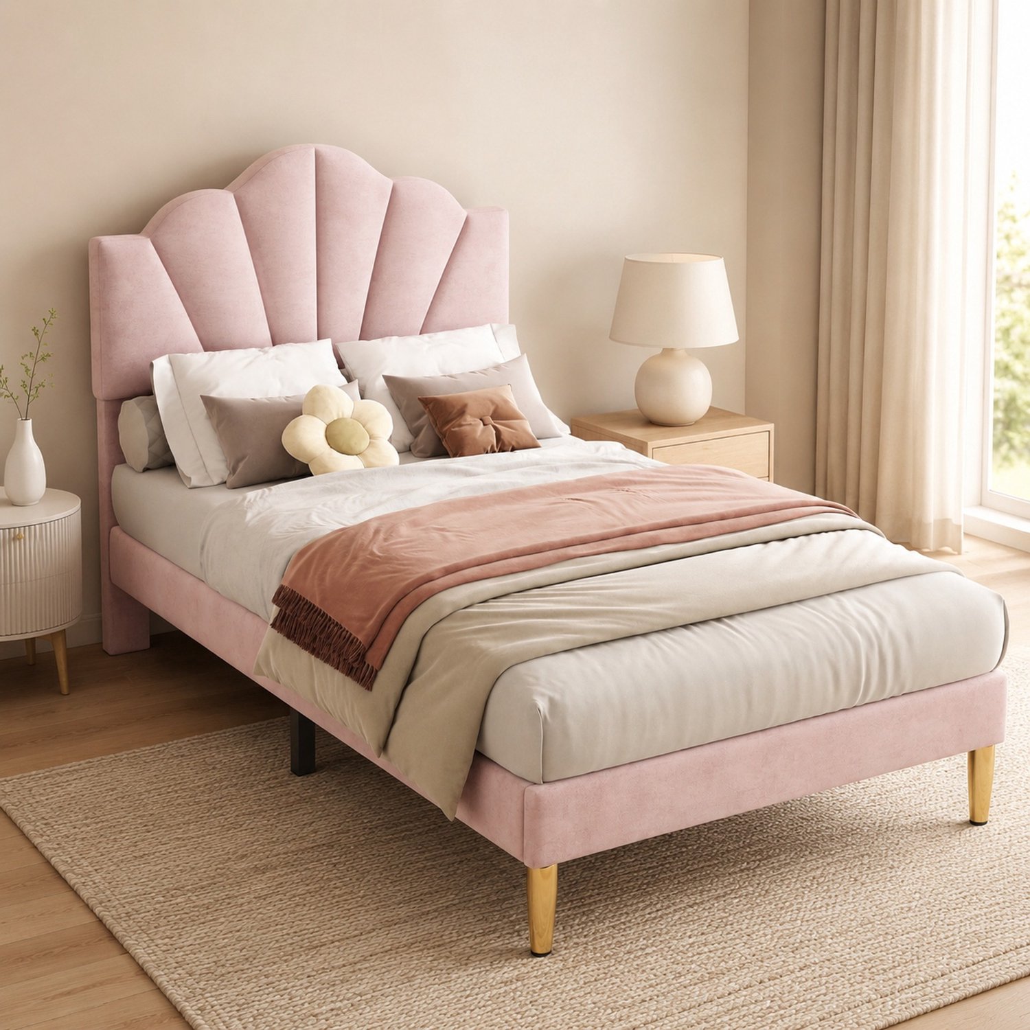 CHICFURN Gestoffeerd eenpersoonsbed 90 x 200 cm - Verstelbaar hoofdbord - Roze