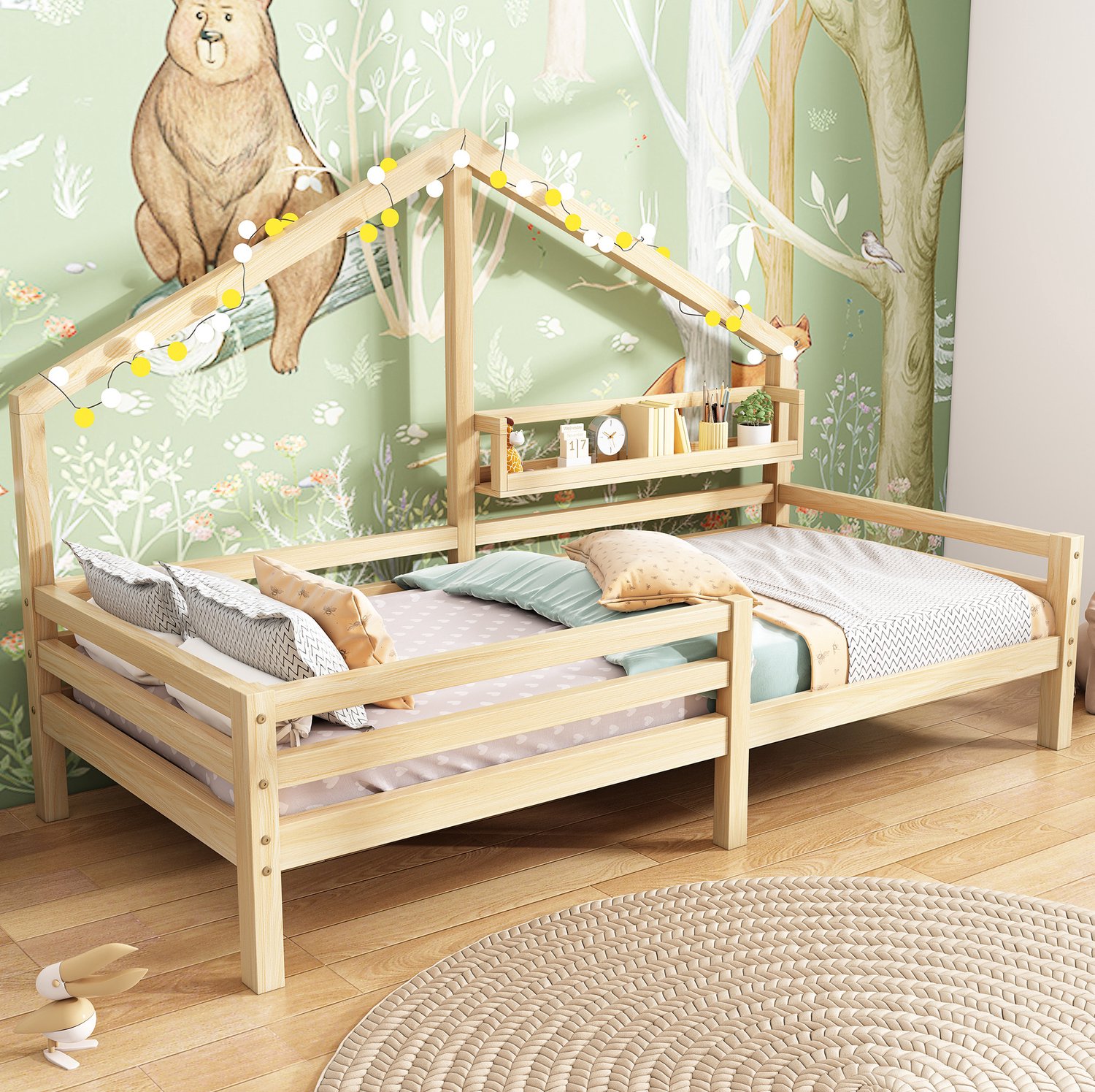 CHICFURN Kinderbed huisbed 90x200 cm - opbergrek - uitvalbeveiliging - naturel