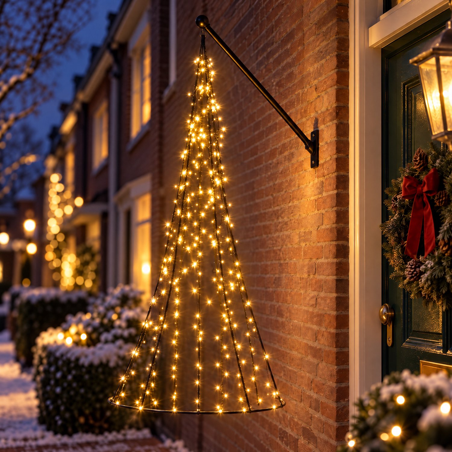 Cheqo® Hangende LED Kerstboom met Kerstlampjes - Kerstverlichting voor Buiten - Kerstboom met Vlaggenstok - Vlaggenmast Verlichting - 240 LEDs Warm Wit - Gevelverlichting - Lichtboom - Sfeerverlichting - Kerstdecoratie Buiten