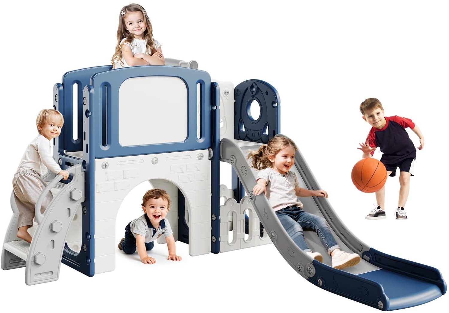 Klimrek 8 in 1 Met Glijbaan - Klimtoren Basketbalring Tunnel & Telescoop - Indoor Outdoor Speelcentrum voor Kleuters - Opvouwbaar - Grijs Blauw