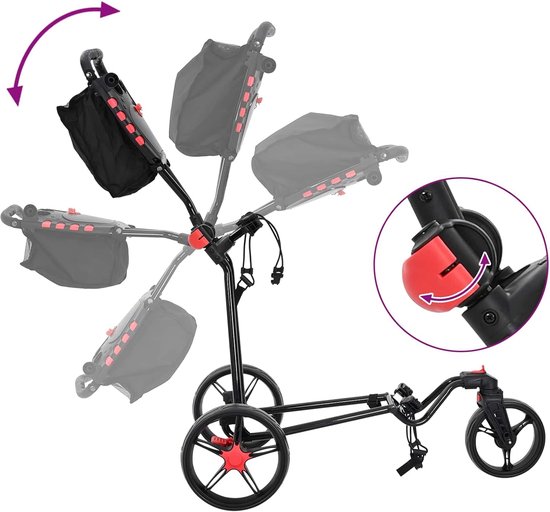 Inklapbaar, van ijzer, golfdolly met kogellagers en voetrem, zwart, 110 x 60 x 132 cm — afbeelding 5